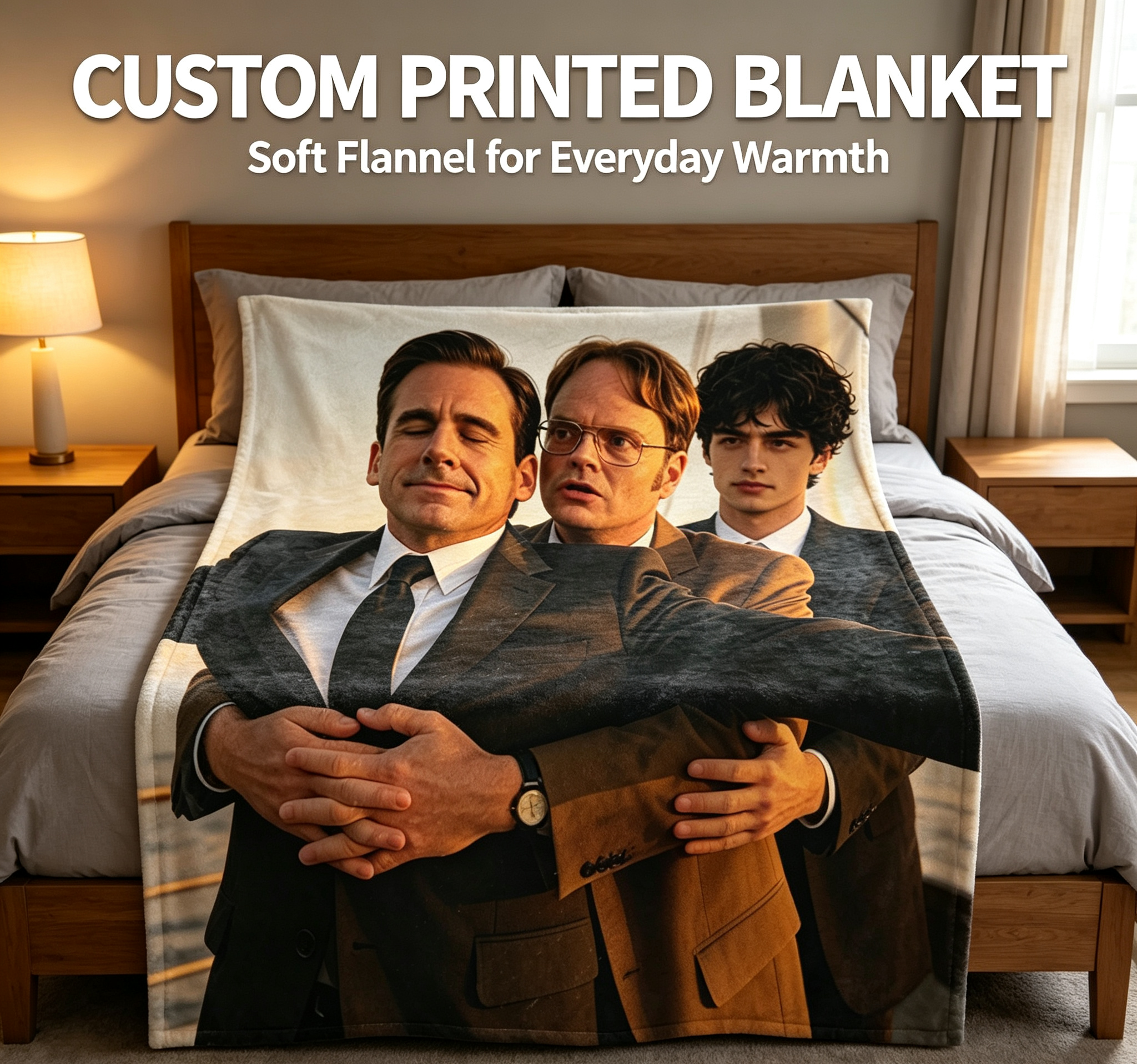 Custom Face Blanket - Steve Carell, Rainn Wilson, and Jacob Elordi on a Sailboat at Sunset Flannel Blanket - Perfect for Cozy Nights and Movie Marathons - Ideal Gift or Giveaway for Fans