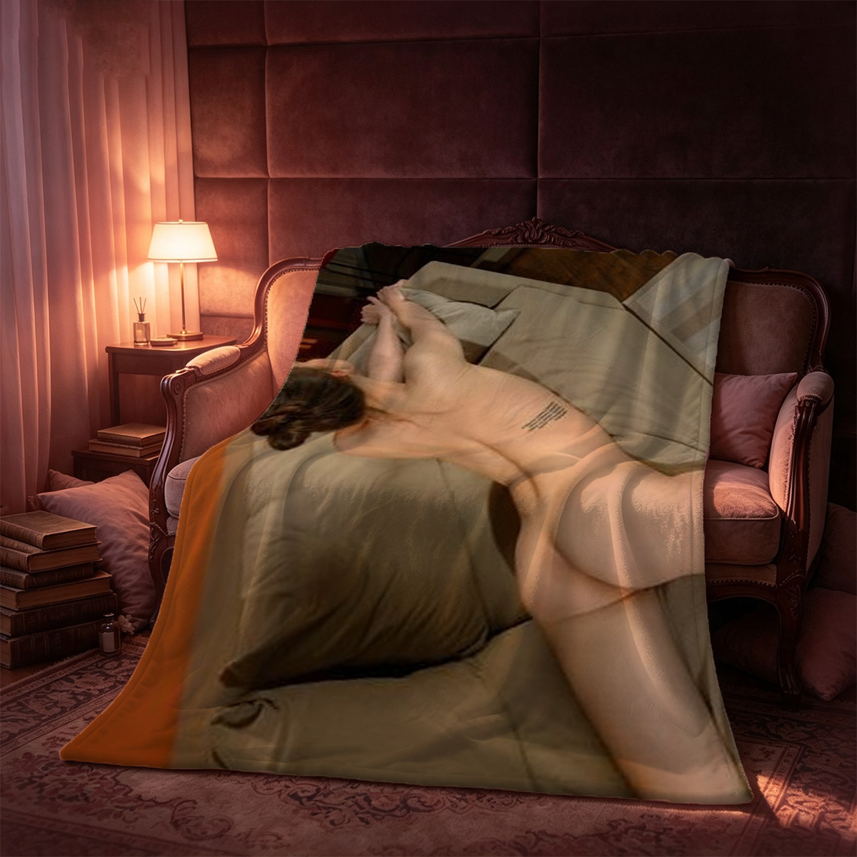 Two Asian women in black lingerie and stockings posing on bed - Blanket