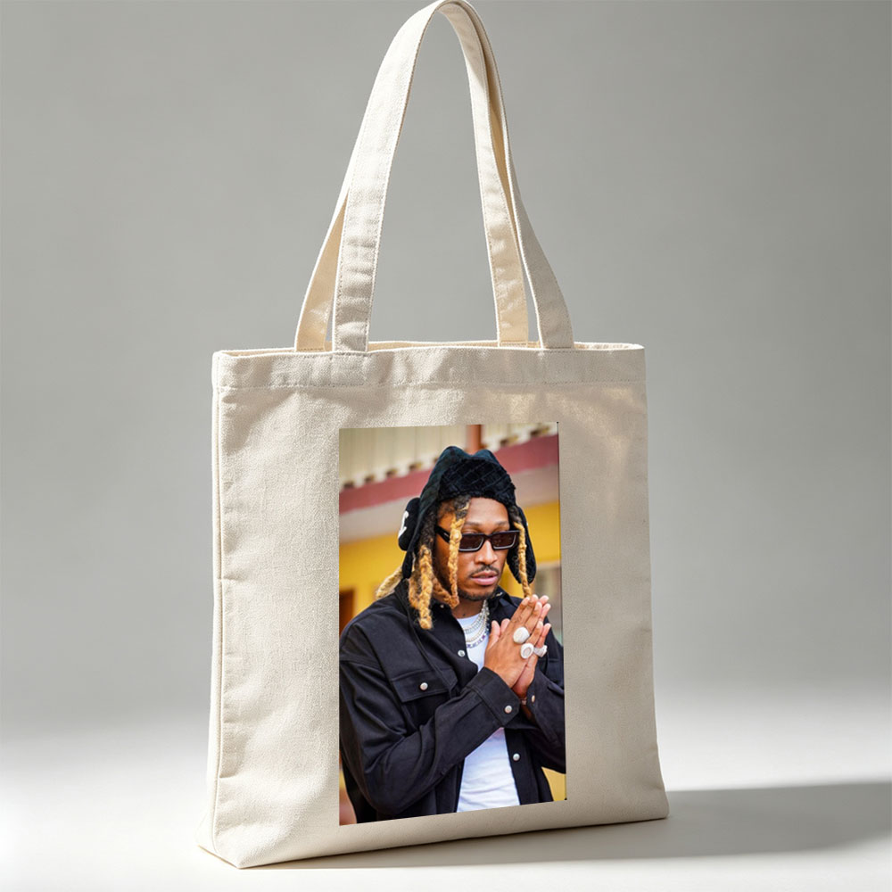 Wiz Khalifa in a stylish urban look with dreadlocks, sunglasses, and layered jewelry, hands clasped in front of a colorful building. - Canvas tote bags