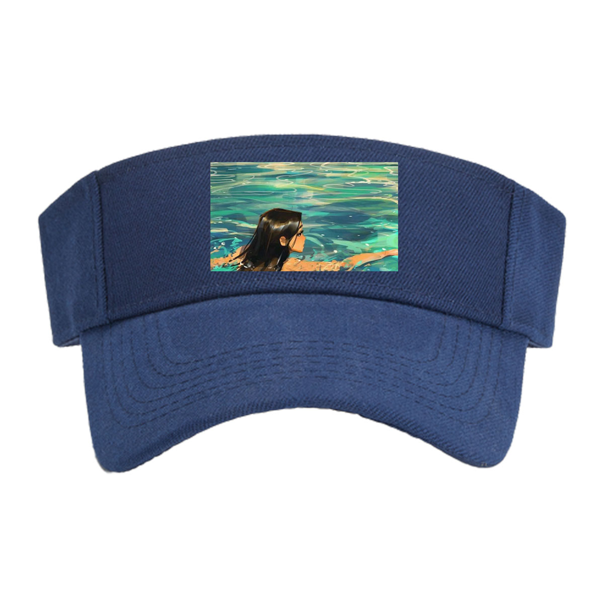Woman swimming in clear blue water near rocky shore -  Visor cap