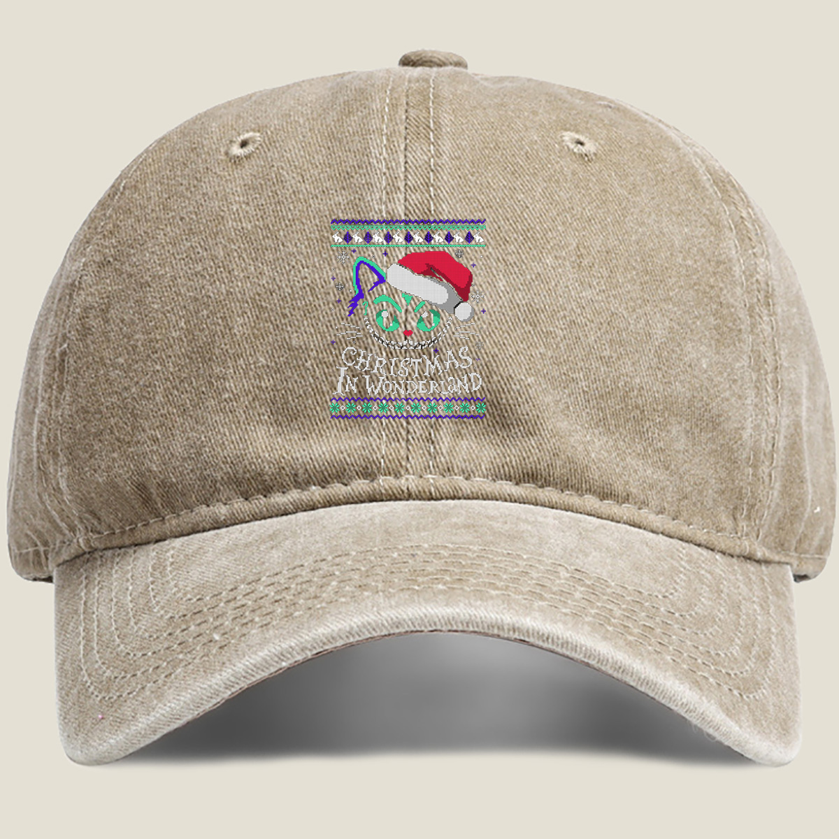Christmas in Wonderland: Cheshire Cat Ugly Sweater Design - Washed Denim - Baseball Cap