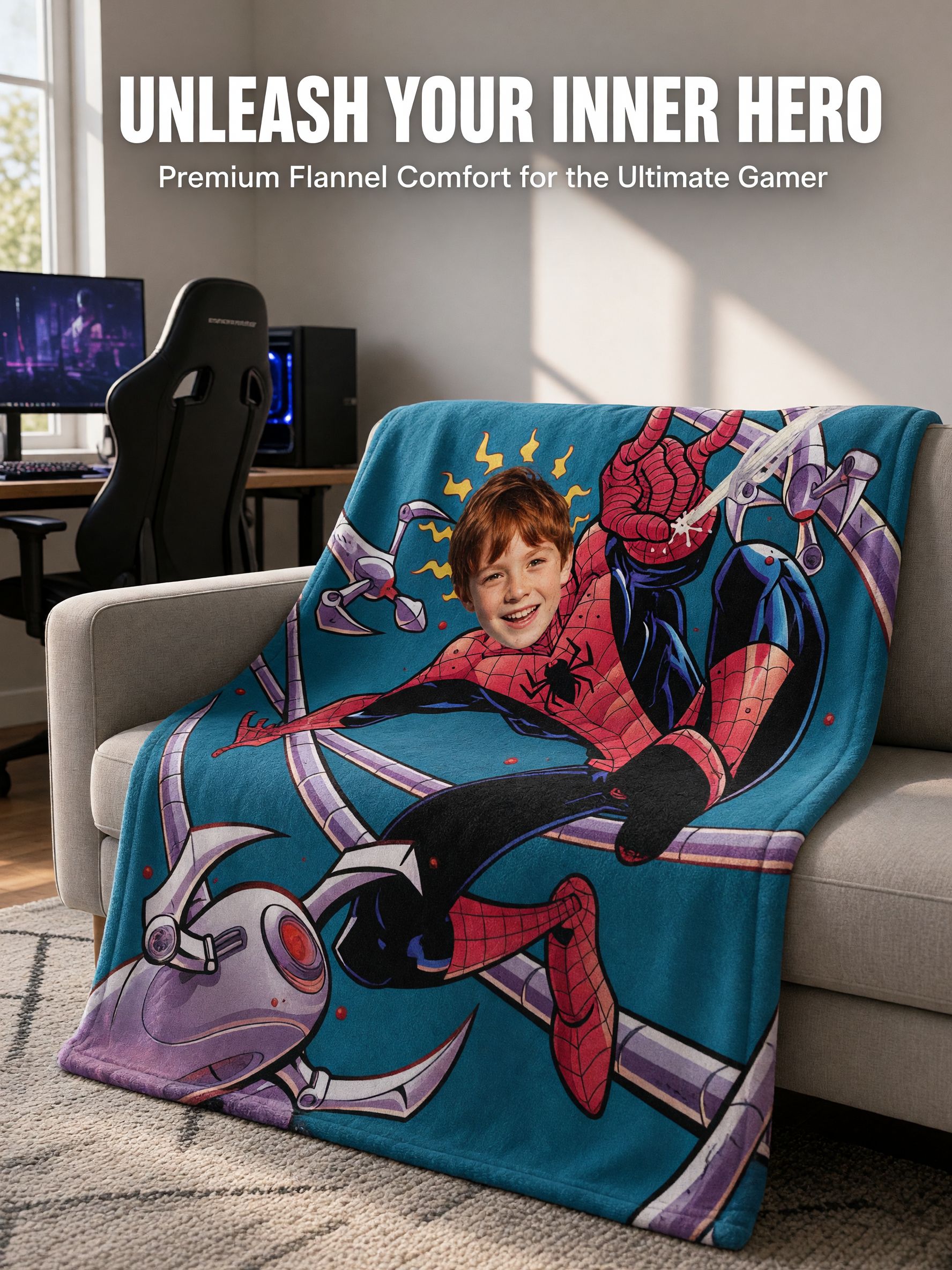 Custom Superhero Photo Face Blanket, Ultra Soft Anti-Pilling Flannel Throw, Ideal Personalized Gift for Kids and Teens