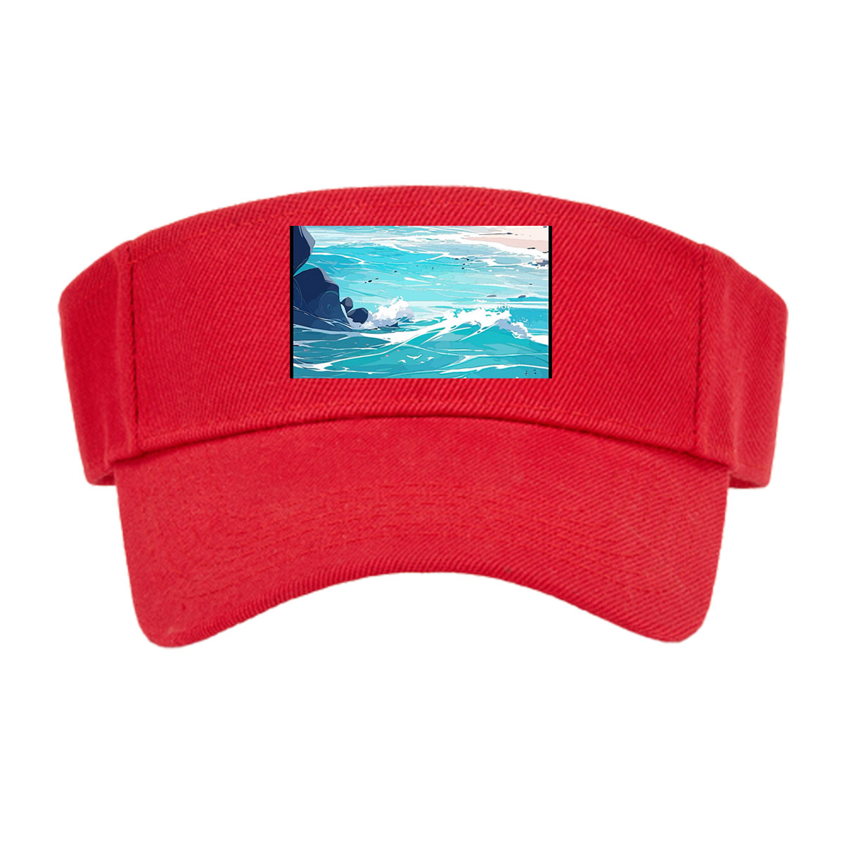 Turquoise waves crash on a rocky beach with distant city skyline and lush green hills under a bright sky. -  Visor cap