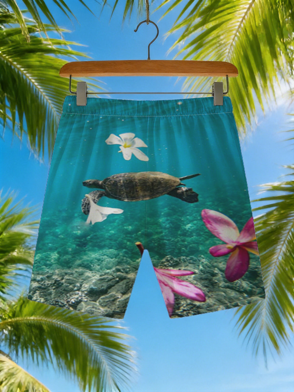 Sea Turtle Swimming Among Floating Flowers Underwater -  Beach shorts