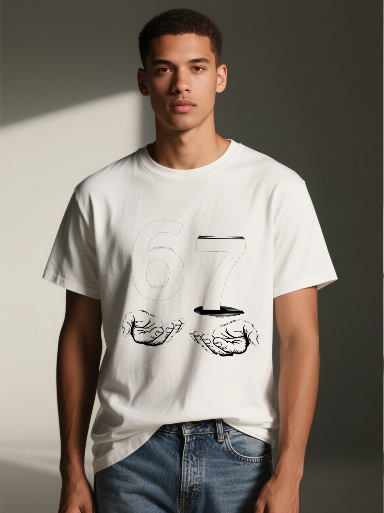 Men's Printed T-Shirt with Number 67 and Hands Design, Casual Round Neck Summer Lightweight Breathable Short Sleeve T-Shirt for Everyday Wear, Outdoor Activities, and Urban Lifestyle, Suitable for Young Adults and Trend-Focused Men