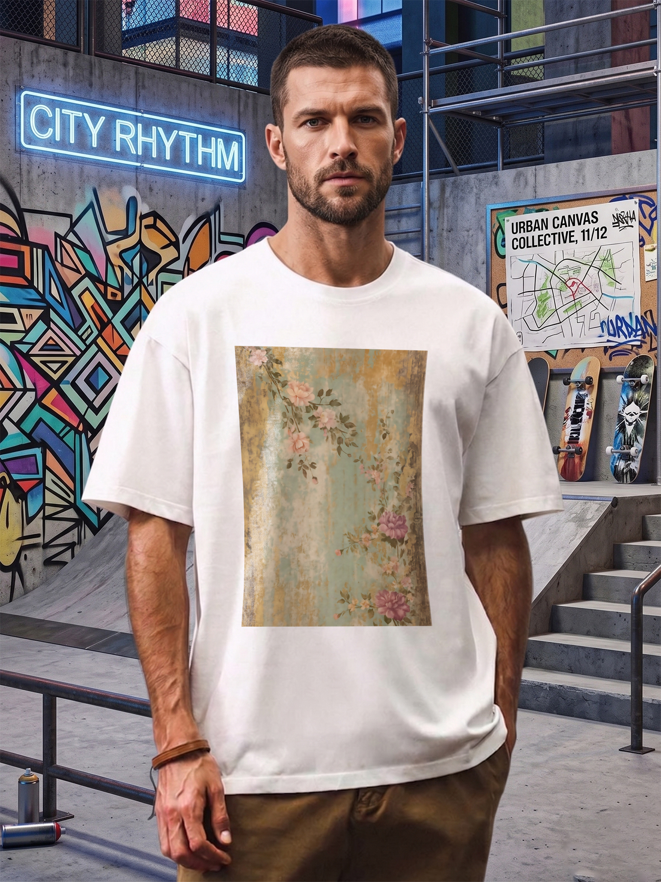 Men's Floral Print T-Shirt with Vintage Rose Pattern and Soft Pastel Colors, Casual Round Neck Lightweight Breathable Summer Short Sleeve Tee for Outdoor Activities, Travel, Daily Wear, Suitable for Men Who Love Artistic and Romantic Styles