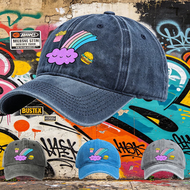 Unisex Classic Washed Cap with Kawaii Rainbow Cloud, Happy Fries & Burger Print – Casual Streetwear Hat for Youth and Trendy Adults, Perfect for Daily Wear, Outings, and Festivals