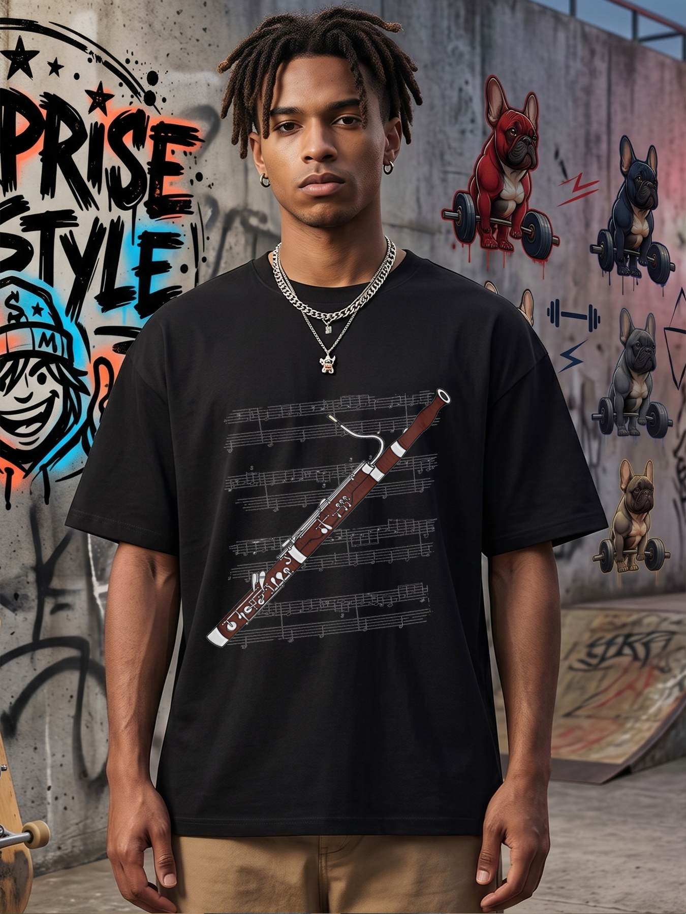 Men's Printed T-Shirt Bassoon Music Notes Design Casual Round Neck Summer Lightweight Breathable Short Sleeve T-Shirt for Music Lovers and Instrument Players