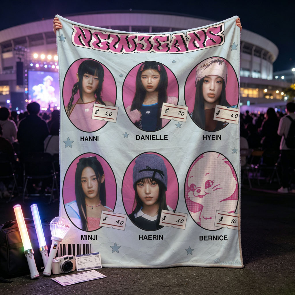 NEWJEANS Members in Pink-Themed Portrait Collage with Price Tags and Cartoon Character - Blankets