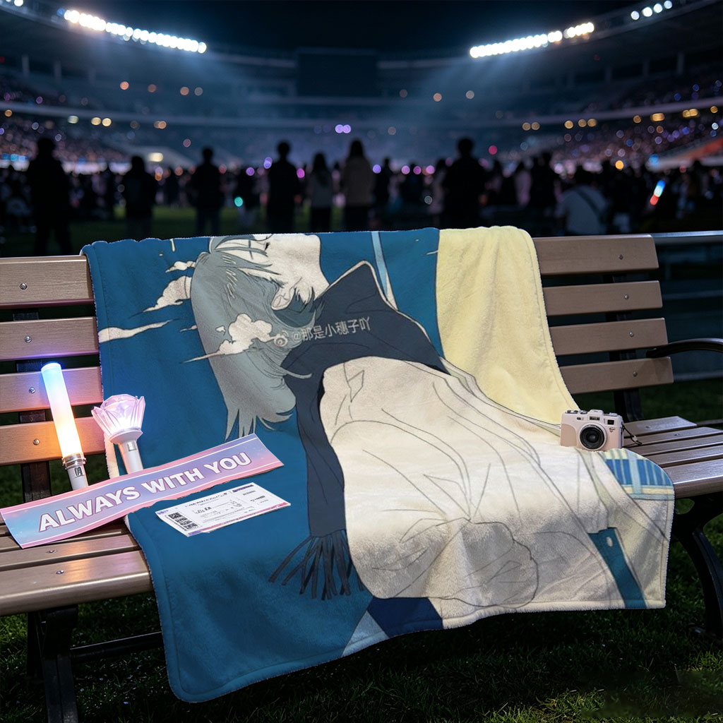 Anime Character in Winter Coat Breathing Steam Against City Night Sky - Blankets