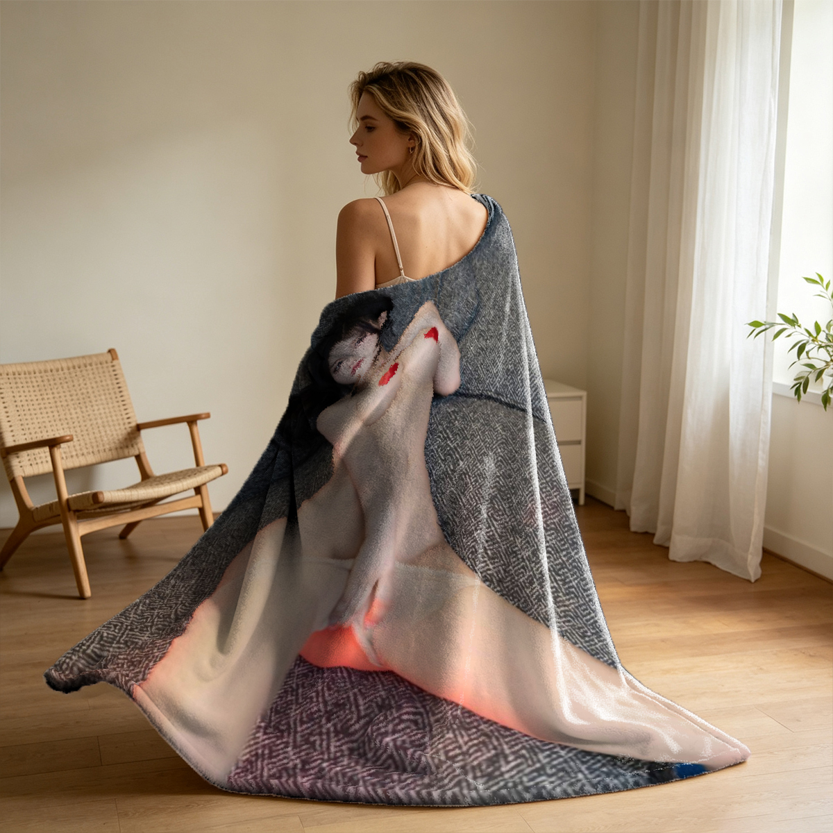 Jennifer Lawrence in sheer robe on couch - Blanket