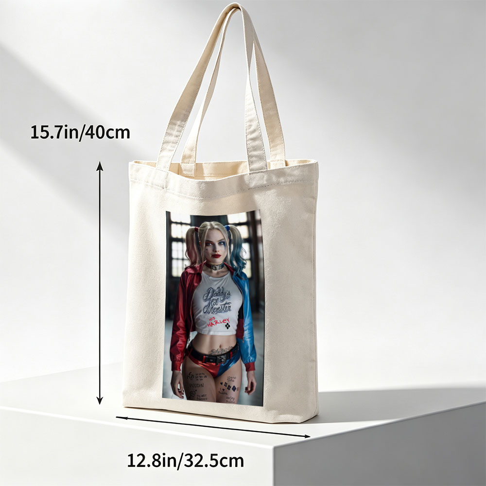 Margot Robbie as Harley Quinn in Suicide Squad - Iconic Costume and Bold Makeup Portrait - Canvas tote bags