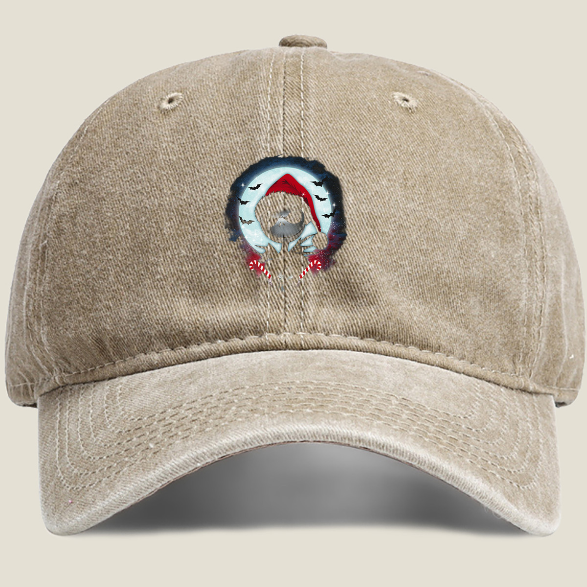 Jack Skellington in Santa Hat with Candy Canes Against Moonlit Sky - Washed Denim - Baseball Cap