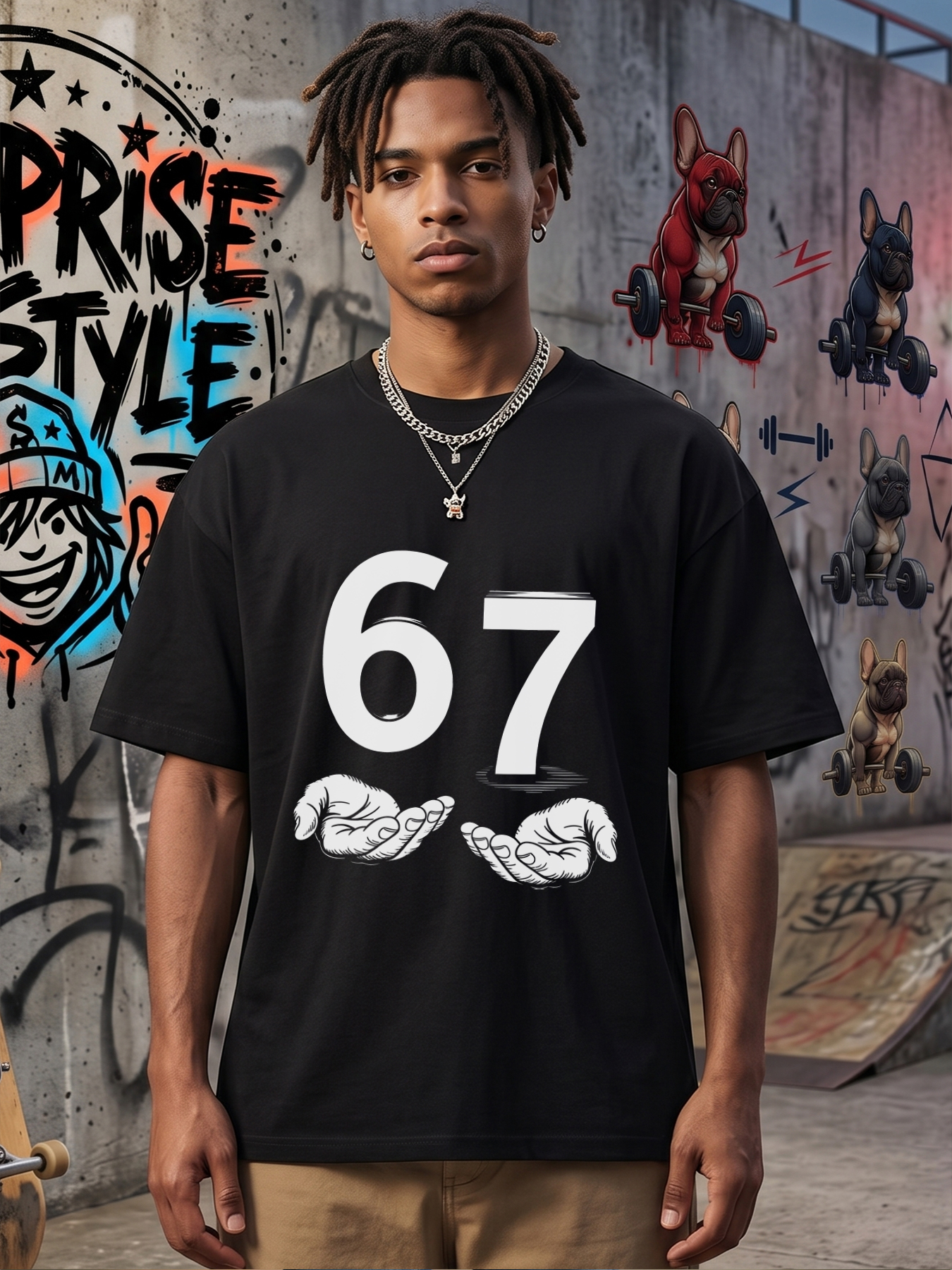 Men's Printed T-Shirt with Number 67 and Hands Design, Casual Round Neck Summer Lightweight Breathable Short Sleeve T-Shirt for Everyday Wear, Outdoor Activities, and Urban Lifestyle, Suitable for Young Adults and Trend-Focused Men