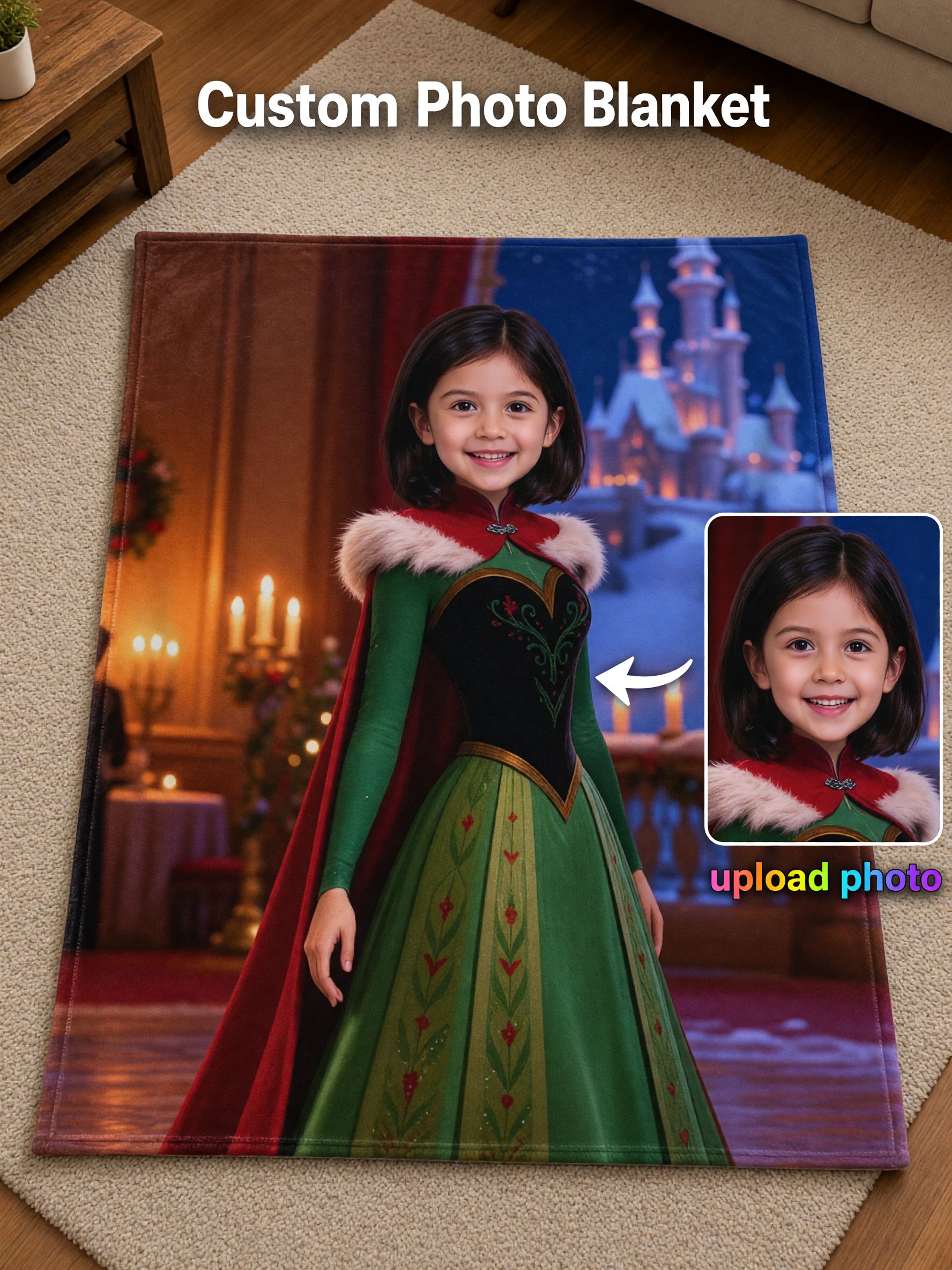 Custom Face Photo Blanket Personalized Princess Portrait Flannel Fleece Throw, Ideal Cozy Gift for Kids and Family