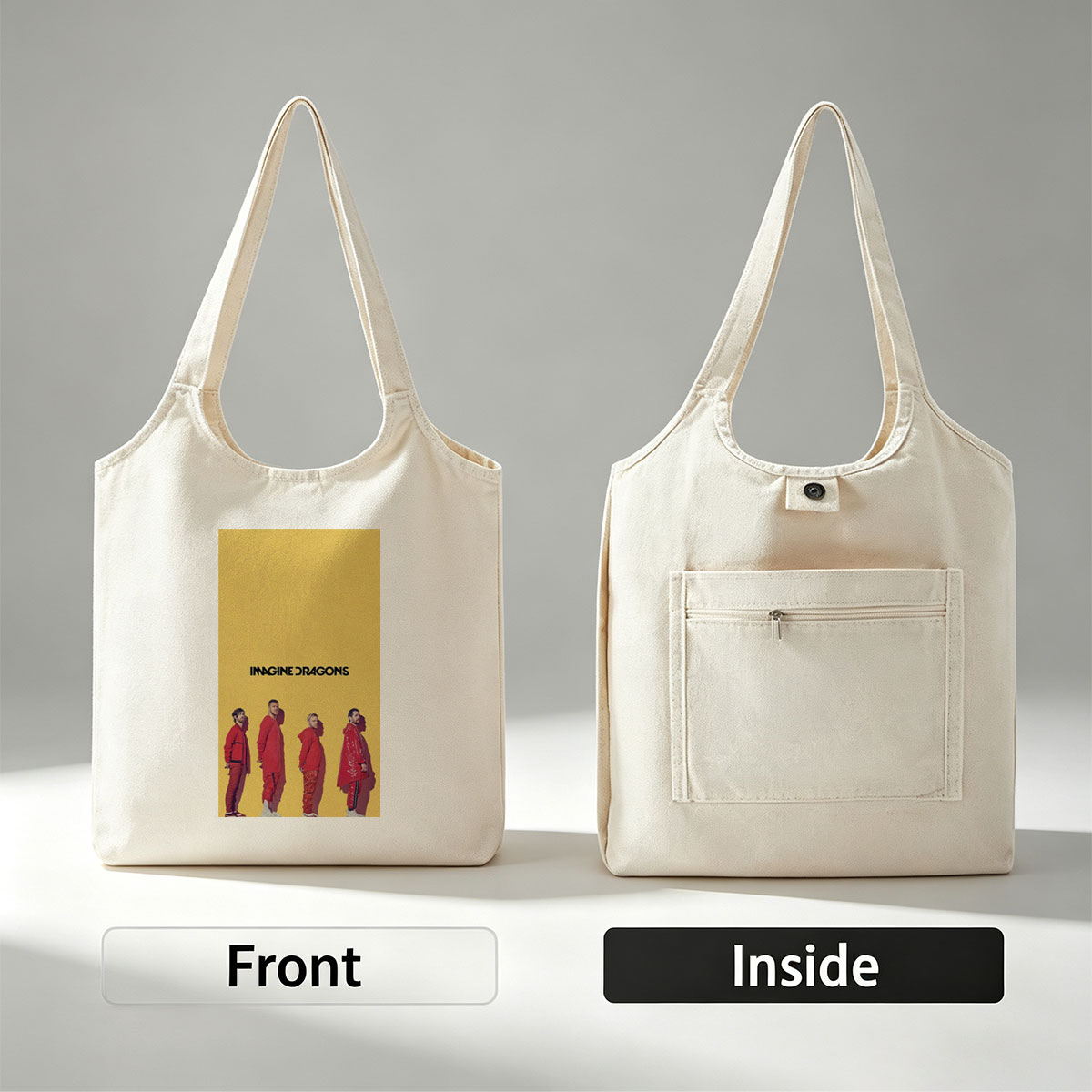 Imagine Dragons Standing in Red Outfits Against a Yellow Background - Canvas shoulder bags/