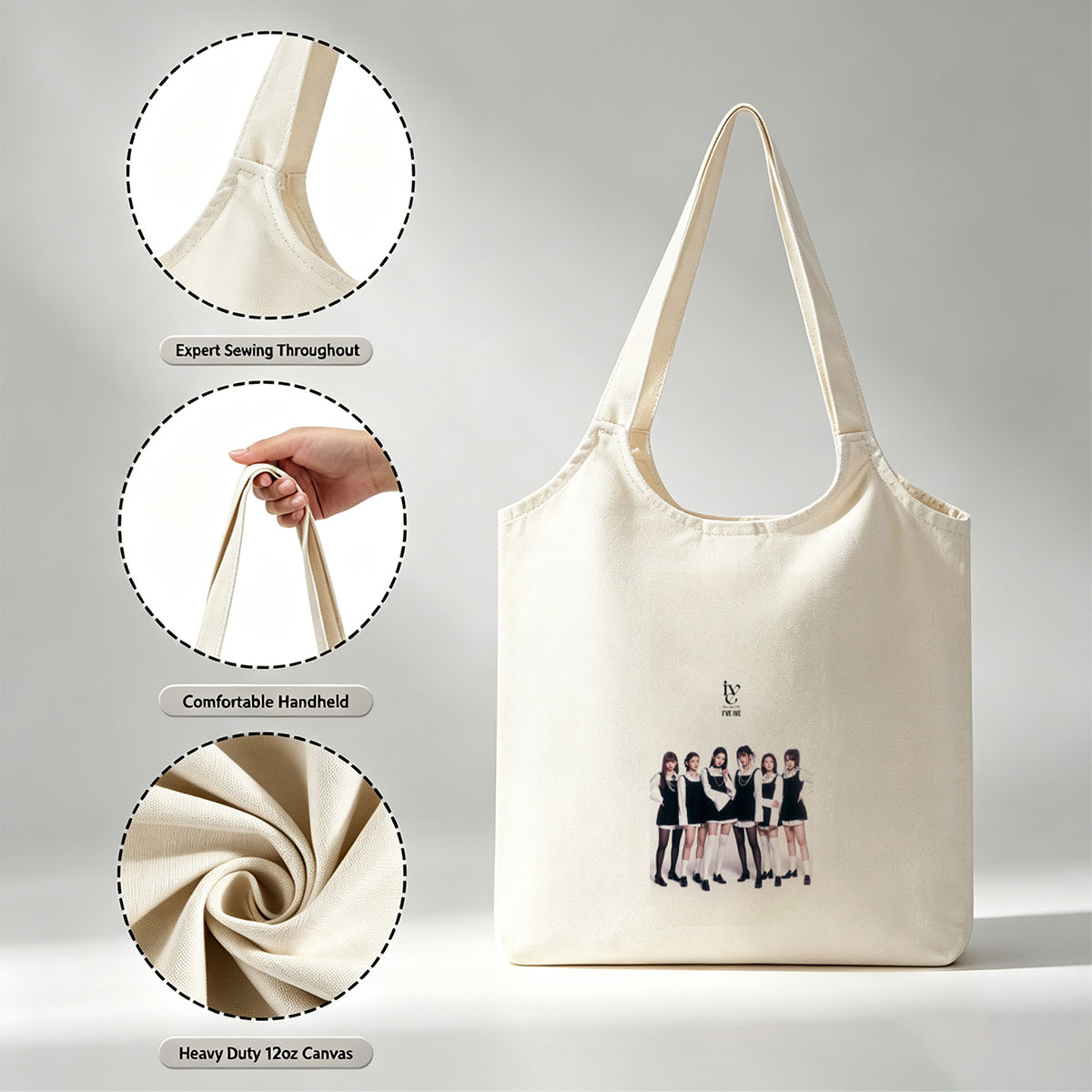 IVE Group in Black and White Schoolgirl Outfits Standing Together on White Background - Canvas shoulder bags/