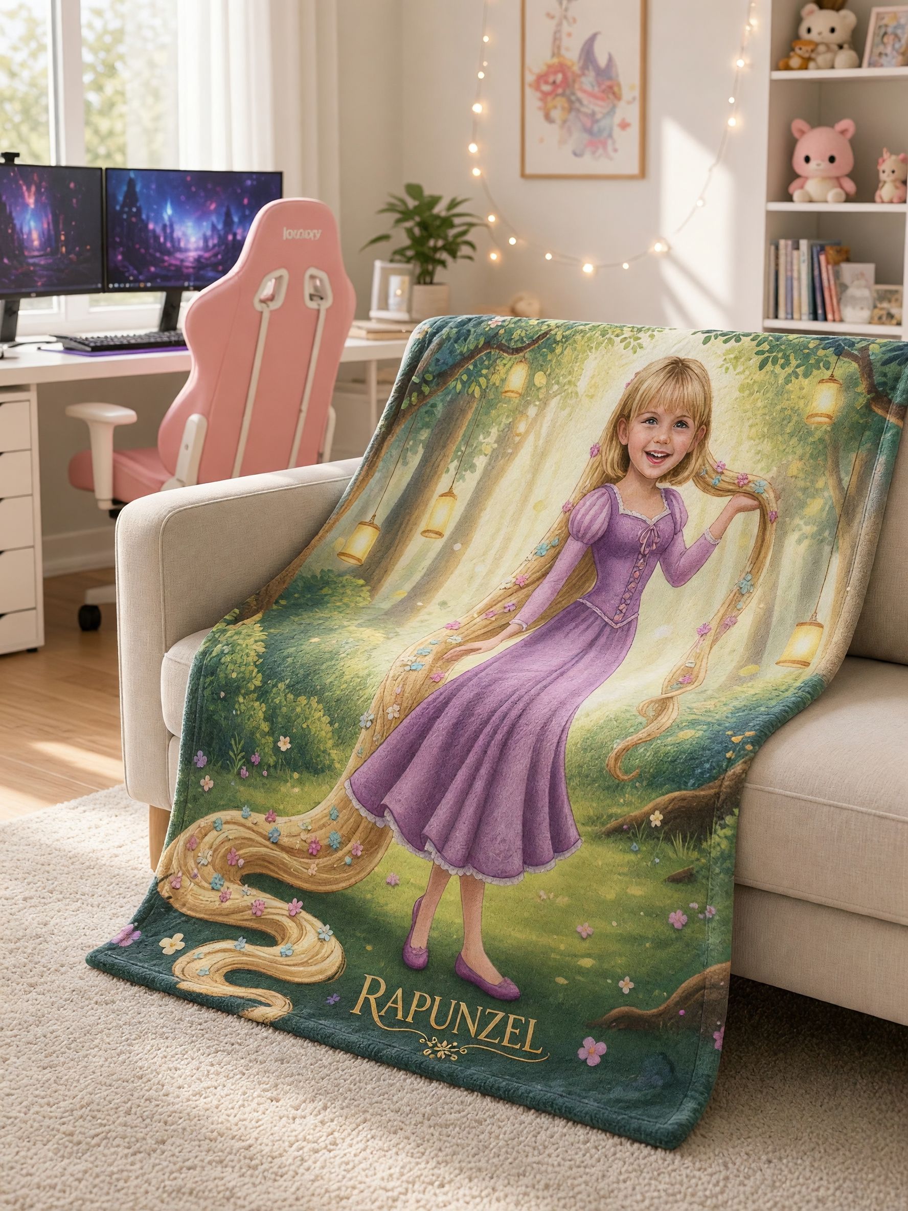 Personalized Photo Face Blanket, Fairy Tale Princess Custom Flannel Fleece Throw, Cozy Keepsake Gift for Girls