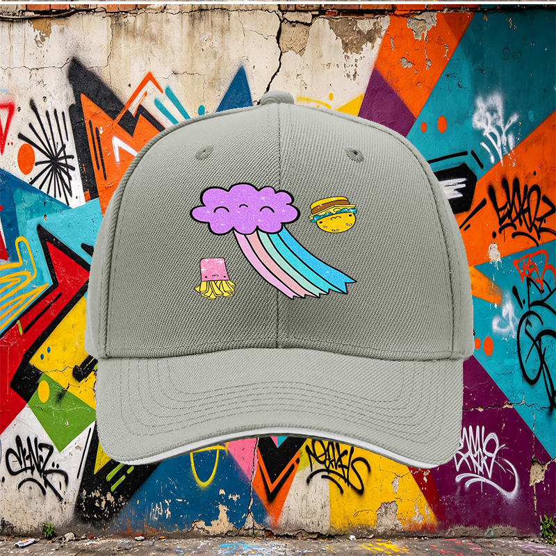 Unisex Classic Sandwich Hat with Kawaii Rainbow Cloud, Happy Burger & Fries Print – Perfect for Casual Outings, Festivals, and Daily Wear – Ideal for Teens and Young Adults Loving Fun Food-Themed Fashion