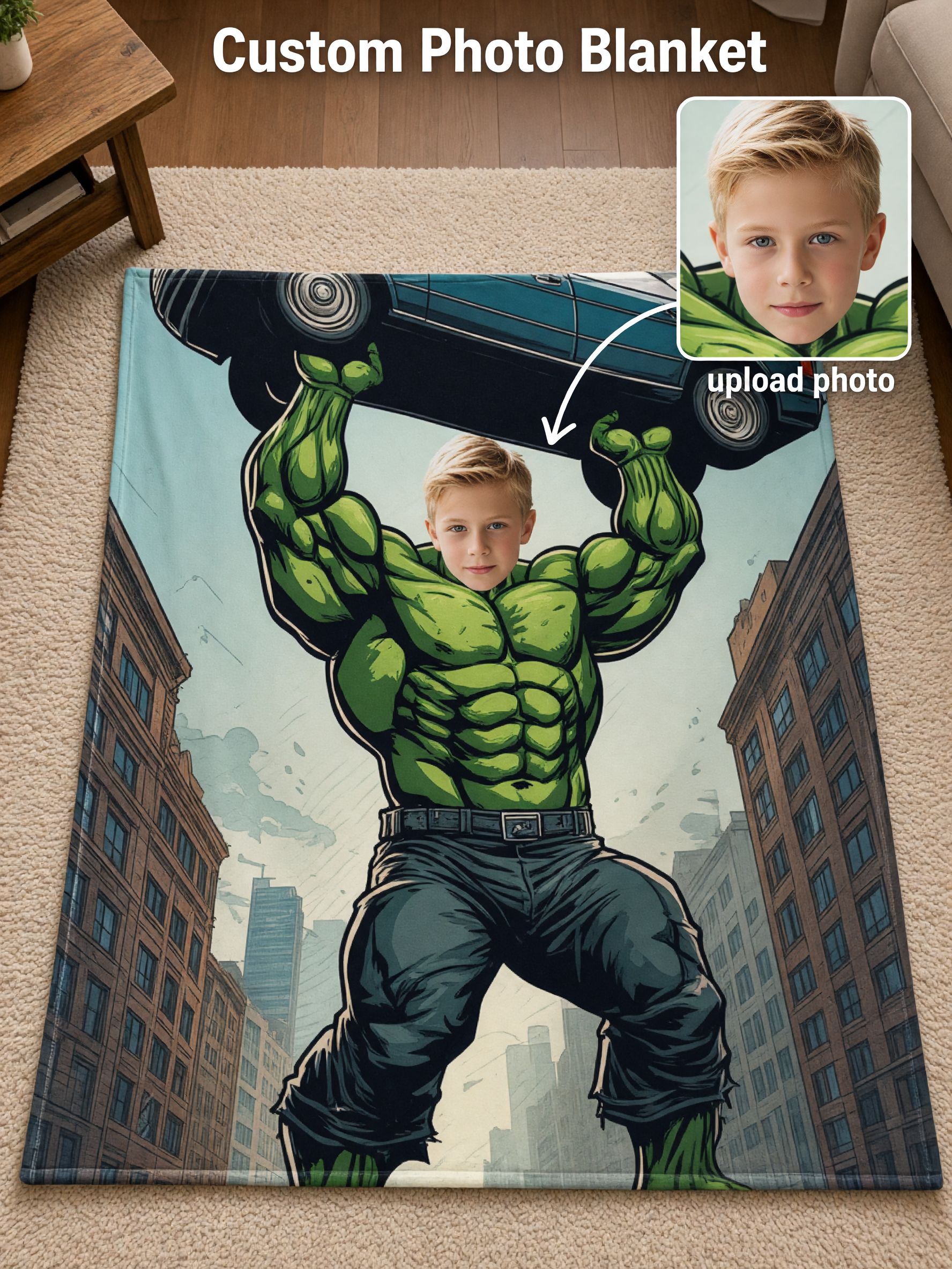 Custom Face Blanket Personalized Green Superhero Lifting Car Soft Flannel Throw Ideal Gift for Boys Kids and Comic Fans