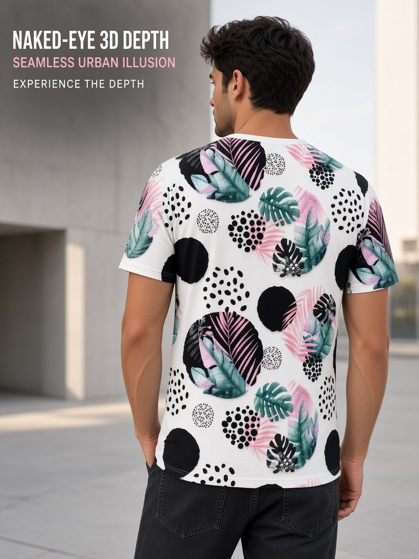 Tropical Botanical Leaves 3D Optical Illusion Graphic Tee Breathable Athletic Mesh T-Shirt Casual Sports Wear