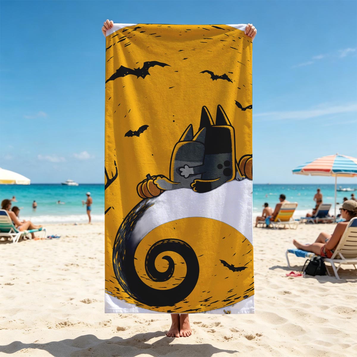 Pusheen the Cat in Halloween Moonlight with Pumpkins and Bats - Beach towels