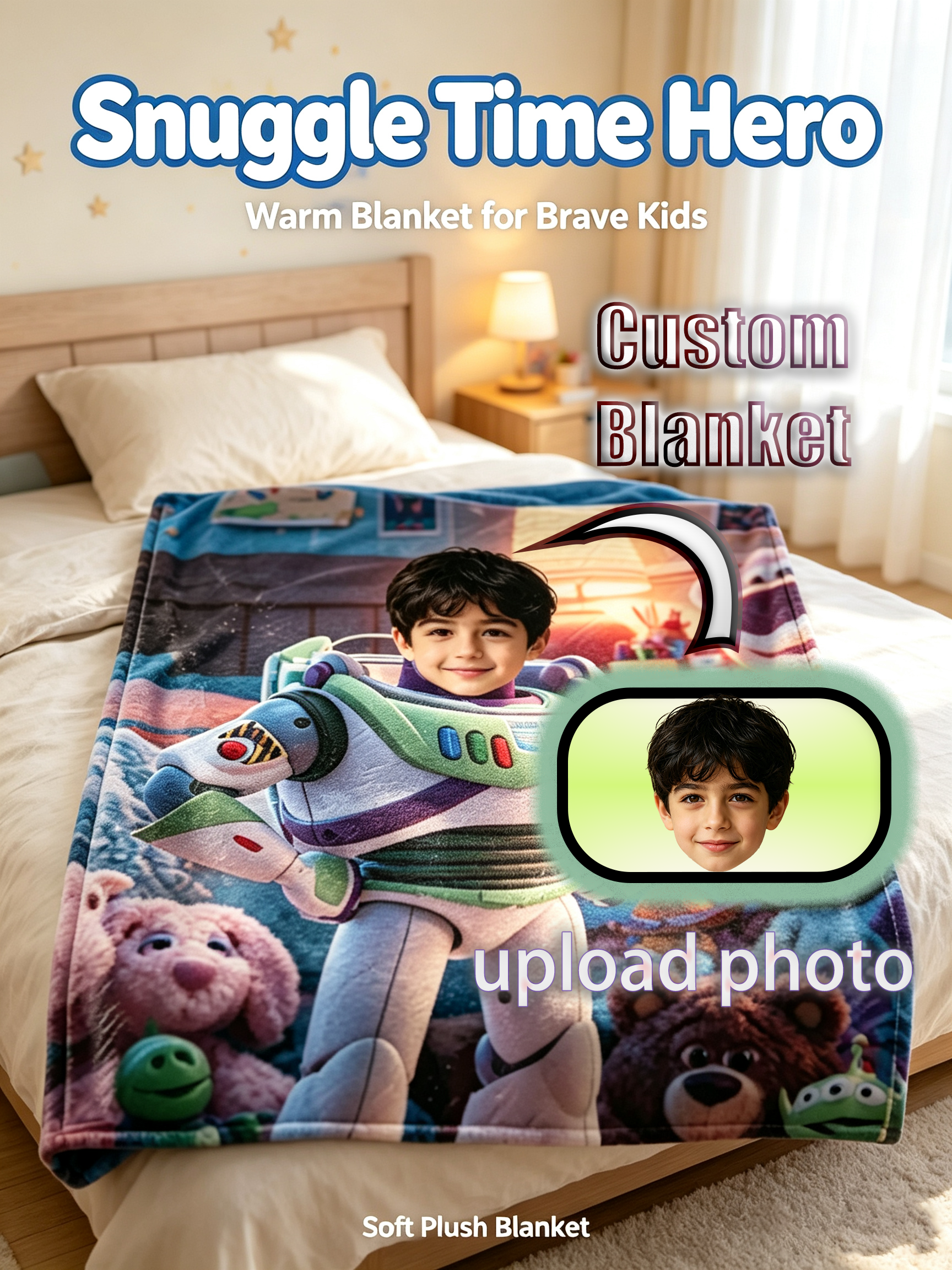 Custom Face Space Ranger Blanket for Boys, Personalized Soft Flannel Throw Blanket with Child Photo, Cartoon Hero Theme Birthday Christmas Gift for Kids