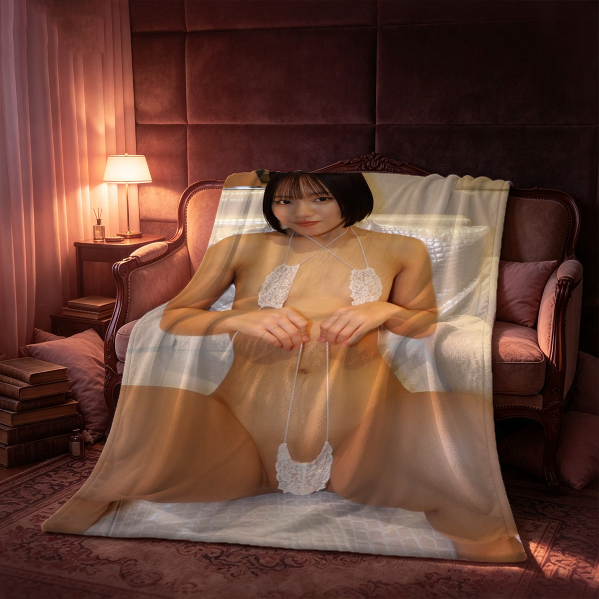 A young Asian woman in black panties and a white bandeau top lying on a bed with arms raised. - Blanket