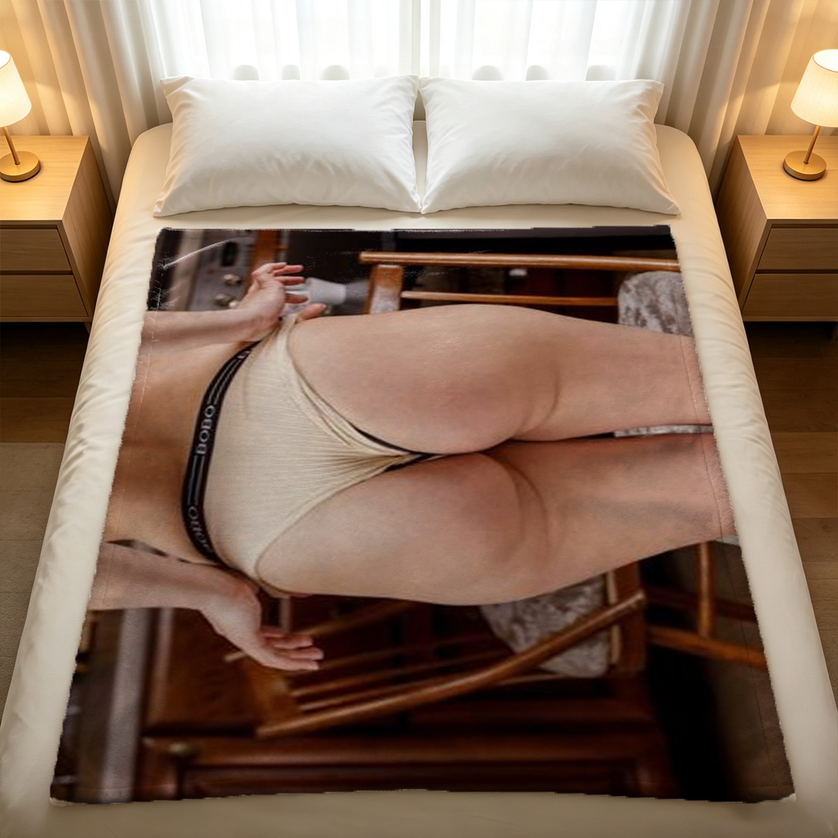 A woman in a white micro bikini, posing seductively from behind with her shadow on the wall. - Blanket