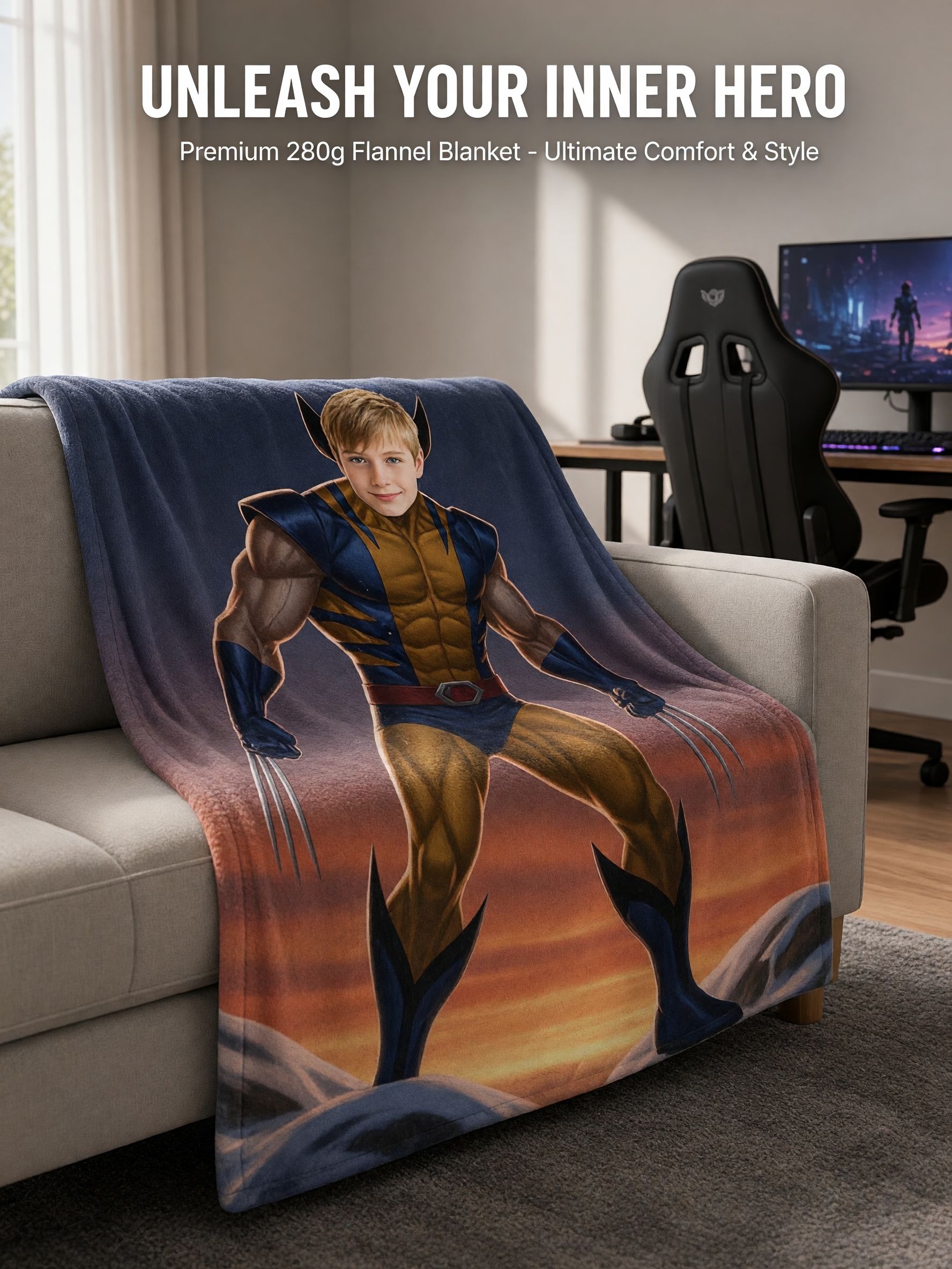 Custom Photo Face Superhero Flannel Fleece Blanket, Ultra Soft Anti-Pilling Cozy Throw, Ideal Personalized Gift