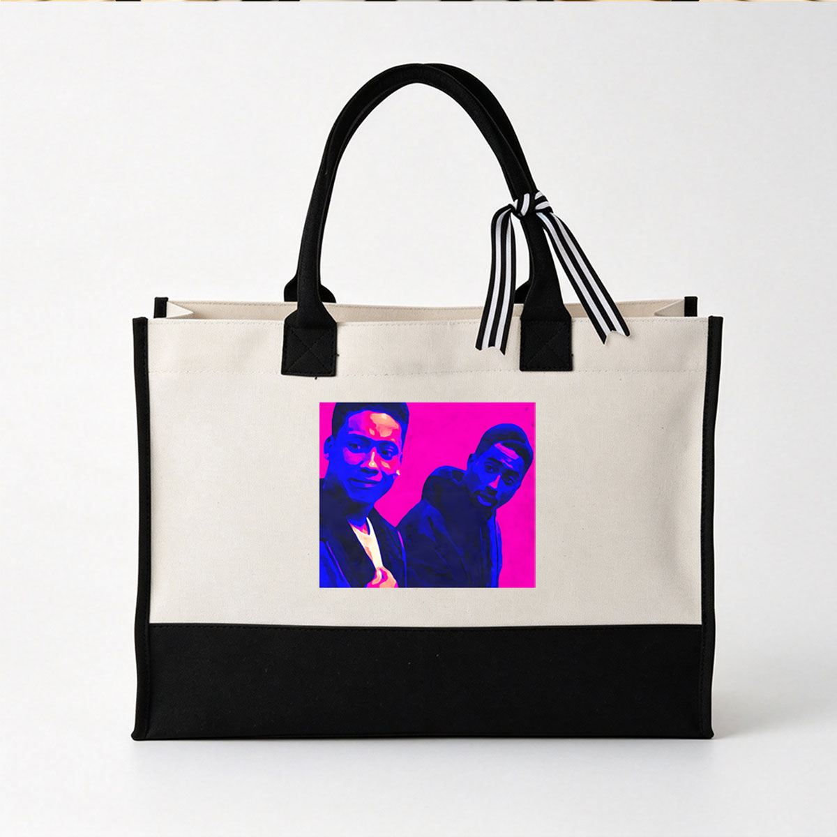 Two Men in Vibrant Colors, Stylish Attire, Pink Background - Canvas patchwork gift tote bag