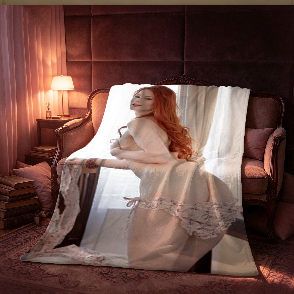 Nude Asian Model in White Cat Ears and Tail Lingerie Sitting on Chair - Blanket