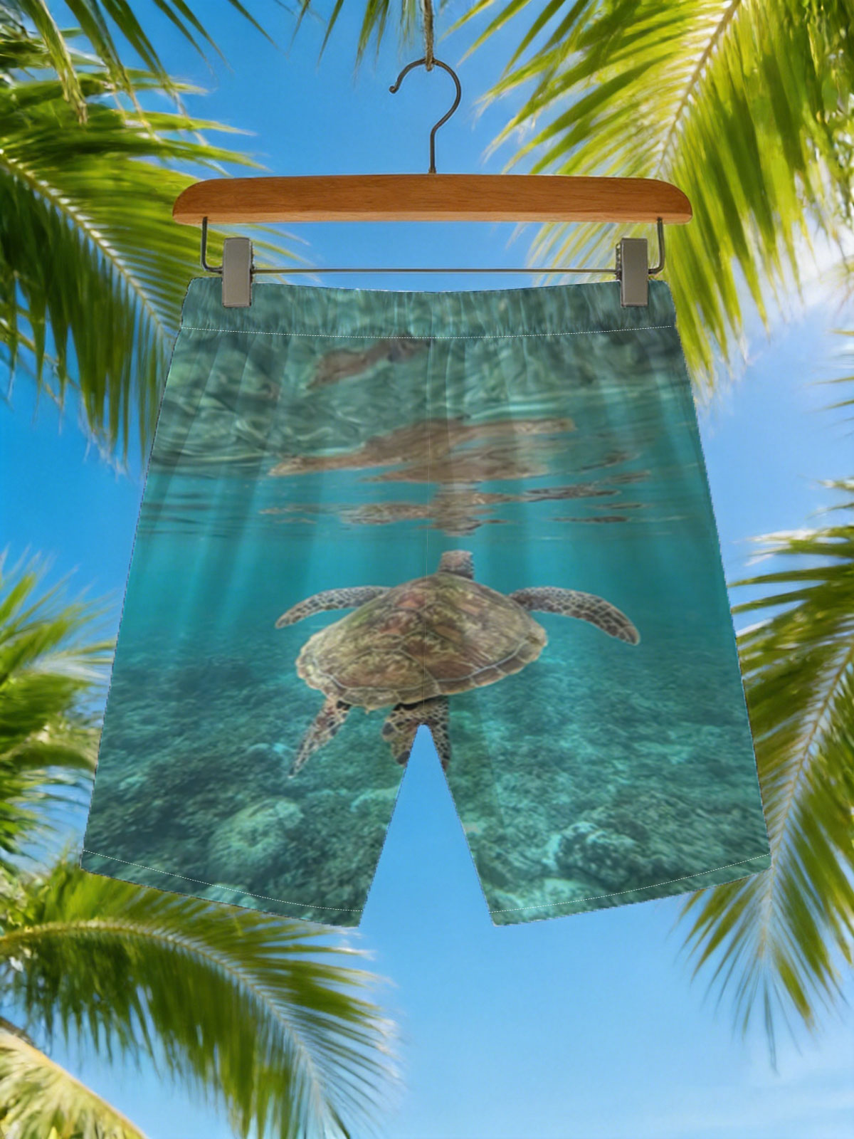 Sea Turtle Swimming in Clear Blue Waters -  Beach shorts