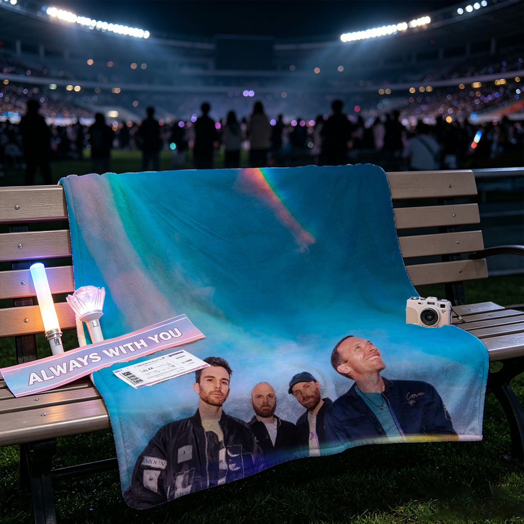 Coldplay in a Cosmic Scene with Rainbow Halo and Starry Sky Background - Blankets