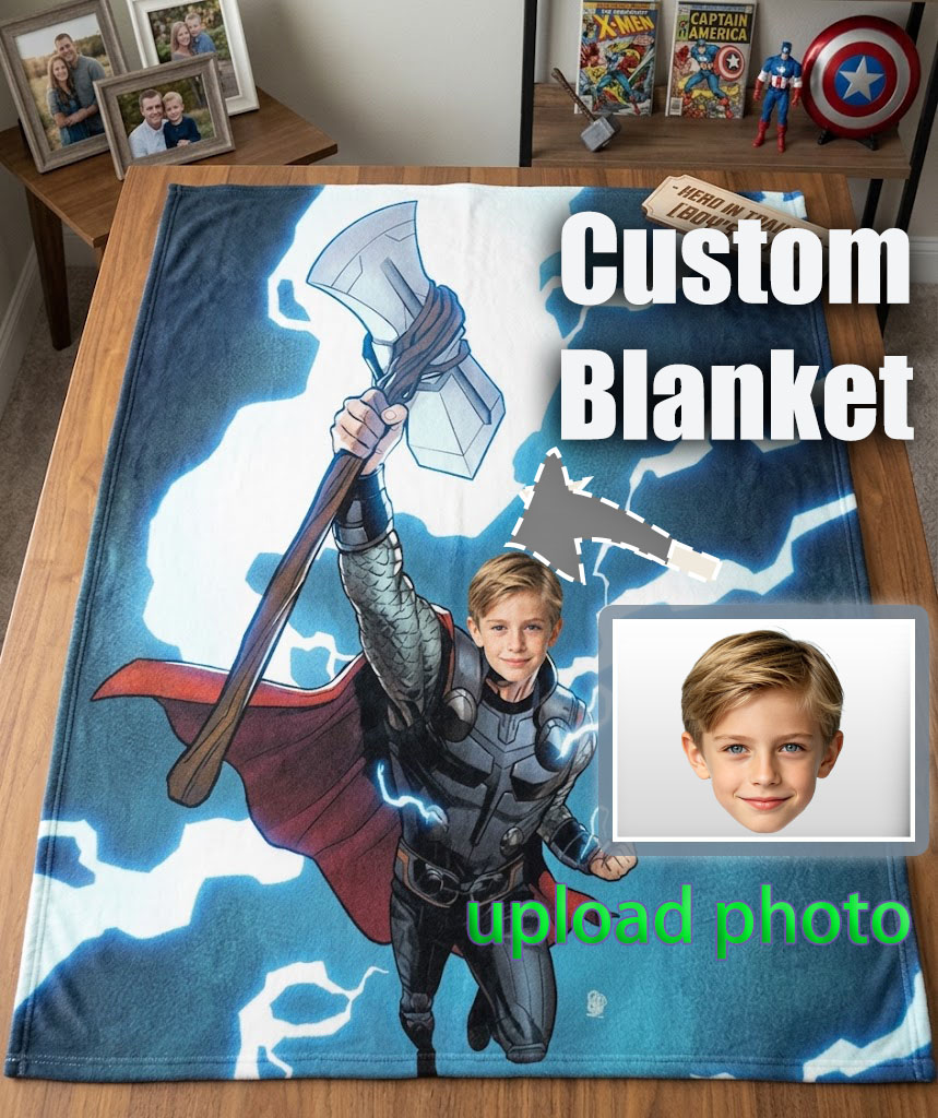 Custom Photo Thor Blanket, Upload Your Kid Photo Personalized Marvel Superhero Fleece Throw Blanket, Custom Kids Bed Sofa Birthday Gift