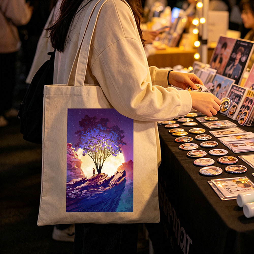 Imagine Dragons Dreamy Landscape with Purple Tree and Moonlit Sky - Canvas tote bags