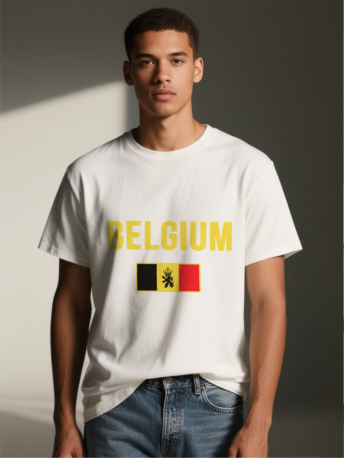 Men's Belgium Flag Print T-Shirt with Bold Yellow Text and National Emblem Design, Casual Round Neck Lightweight Breathable Summer Short Sleeve Tee for Travel, Sports, Daily Wear, Fans and Adults