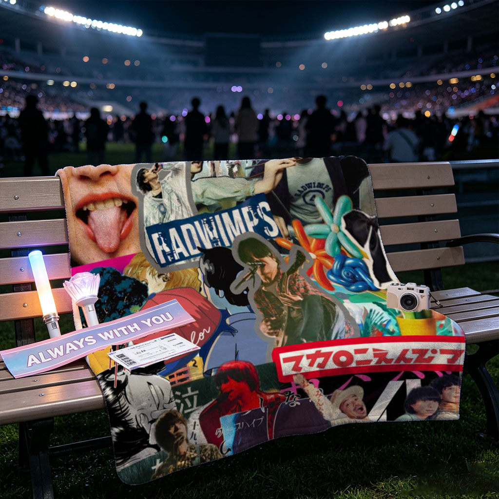 RADWIMPS Collage Featuring Band Members and Vibrant Pop Culture Imagery - Blankets