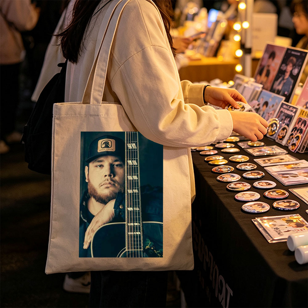 Luke Combs Holding Acoustic Guitar in Studio Portrait - Canvas tote bags