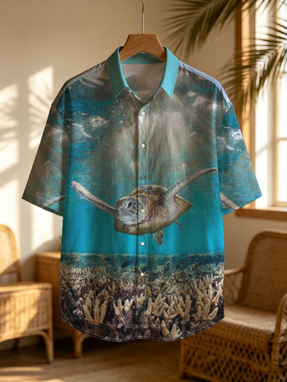 Sea turtle glides through sunlit coral reef -  Shirt