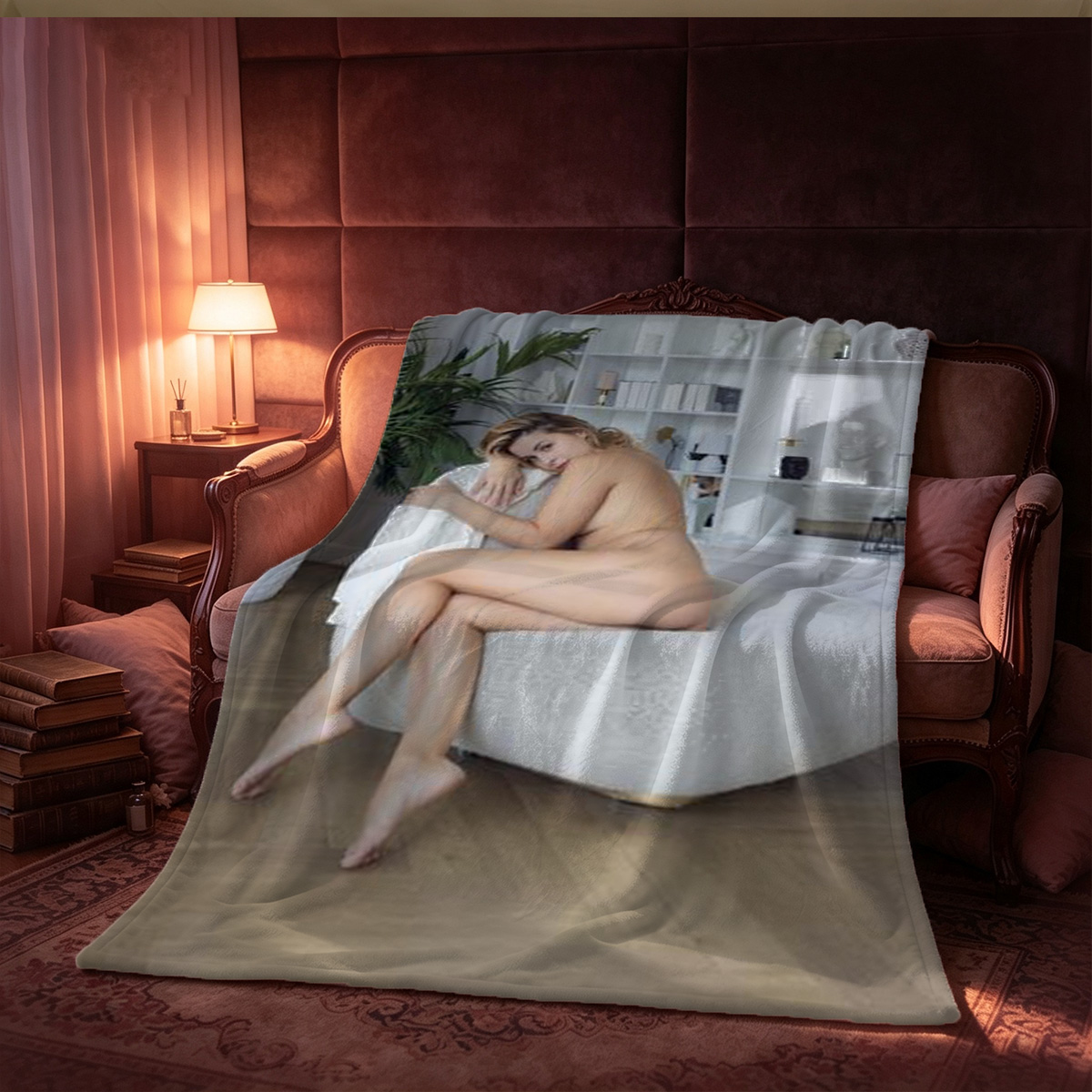 Nude redhead on park bench in autumn leaves - Blanket