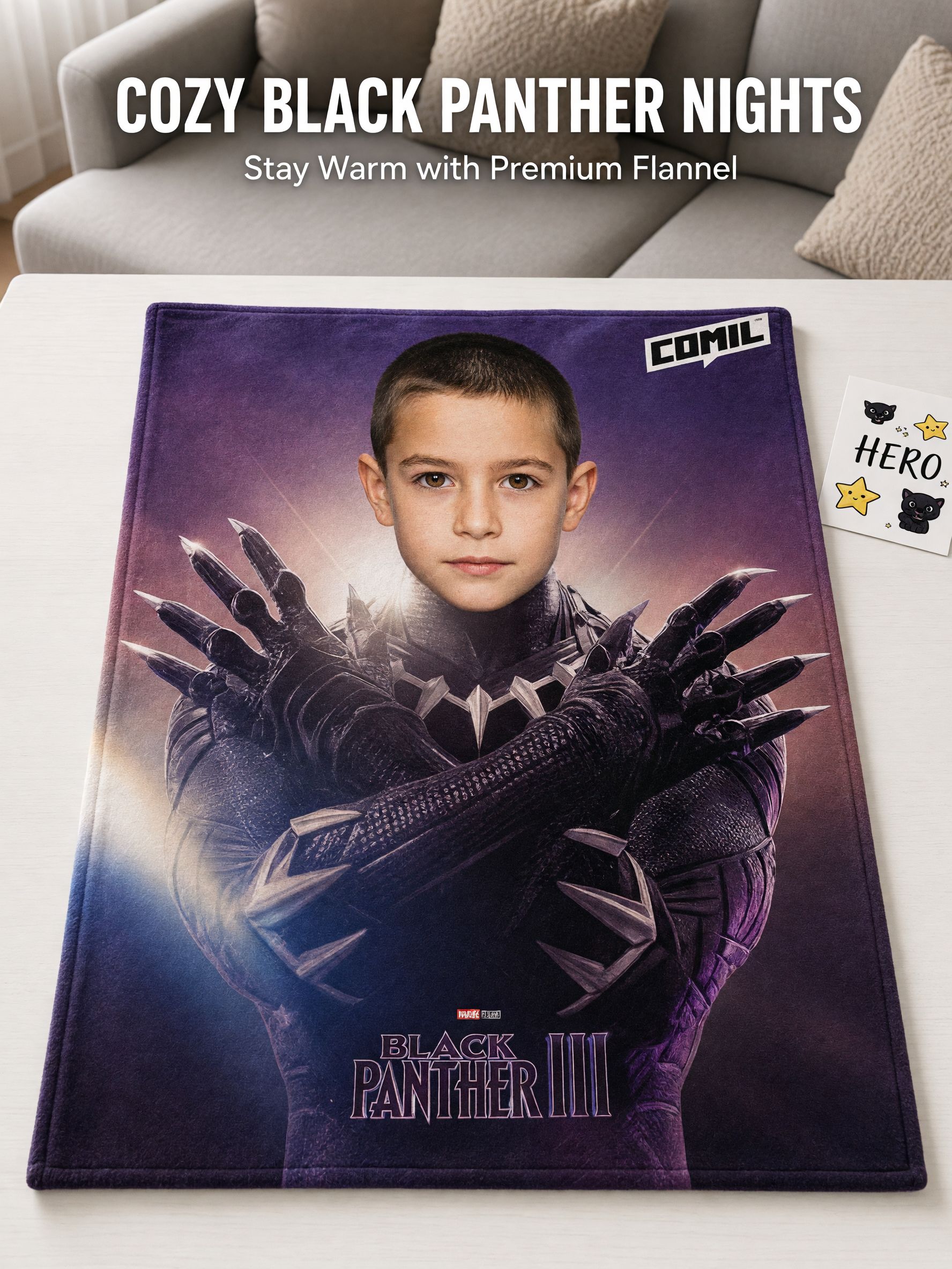 Personalized Custom Face Blanket, Superhero Comic Photo Soft Flannel Fleece Throw for Kids Boys and Couch Bed Gift