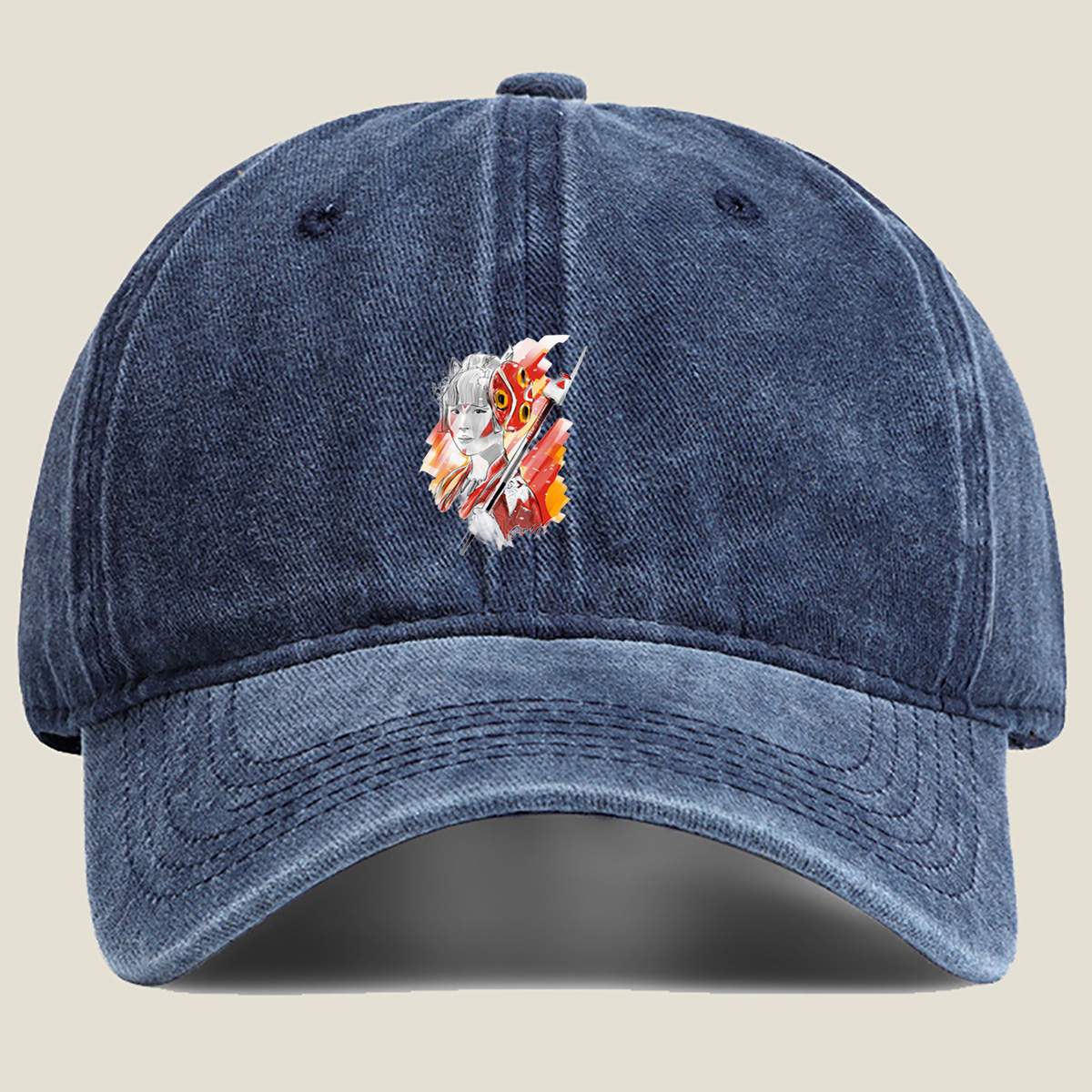 Samurai Girl with Red Mask and Spear - Washed Denim - Baseball Cap