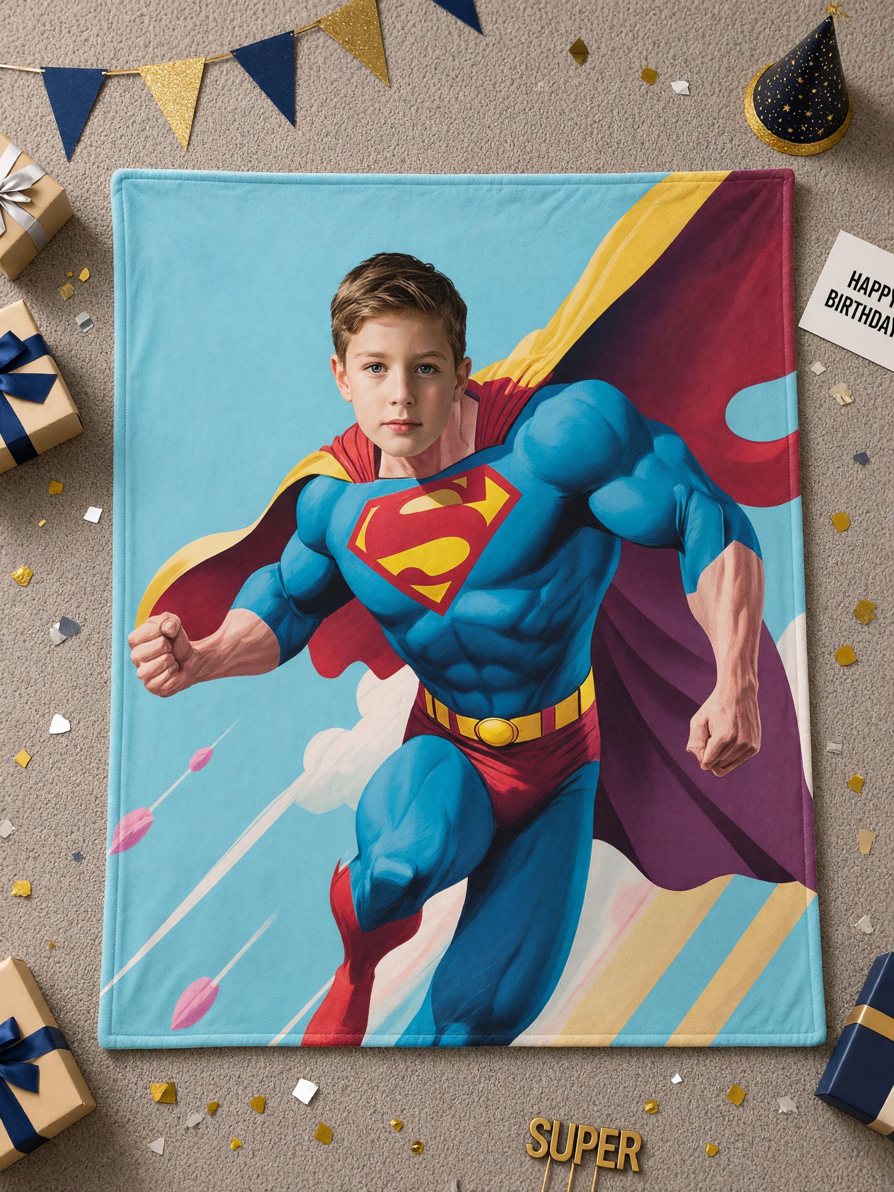 Custom Face Superhero Blanket, Soft Flannel Fleece Throw, Personalized Photo Keepsake Gift for Boys, Kids and Family
