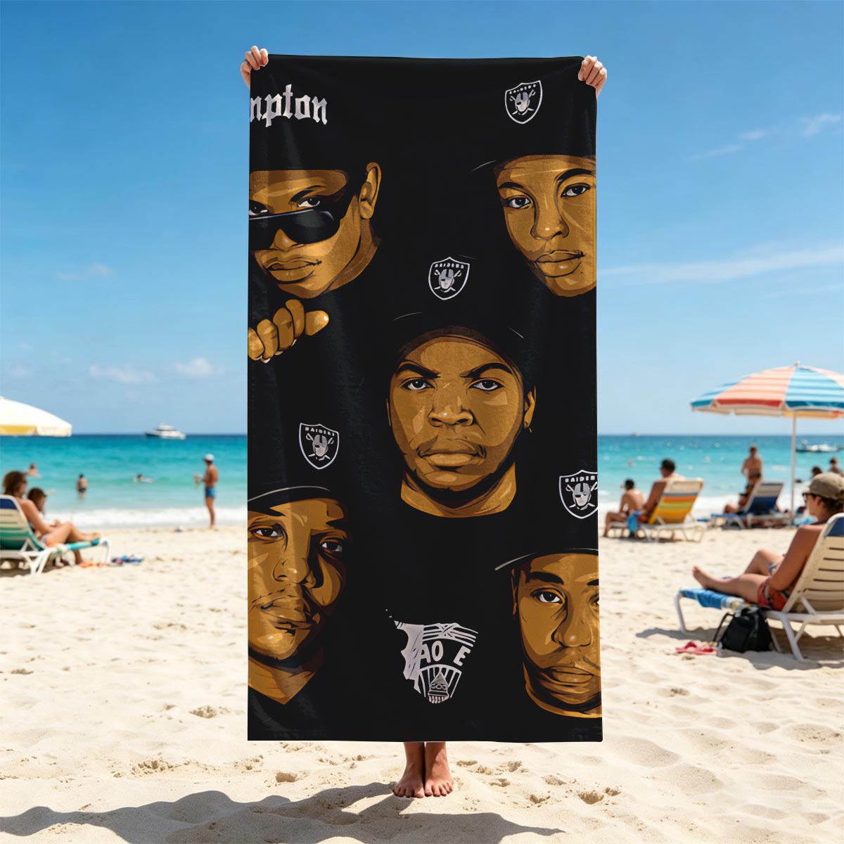 N.W.A. Members in Compton Style: Ice Cube, Dr. Dre, Eazy-E, MC Ren, DJ Yella - Beach towels