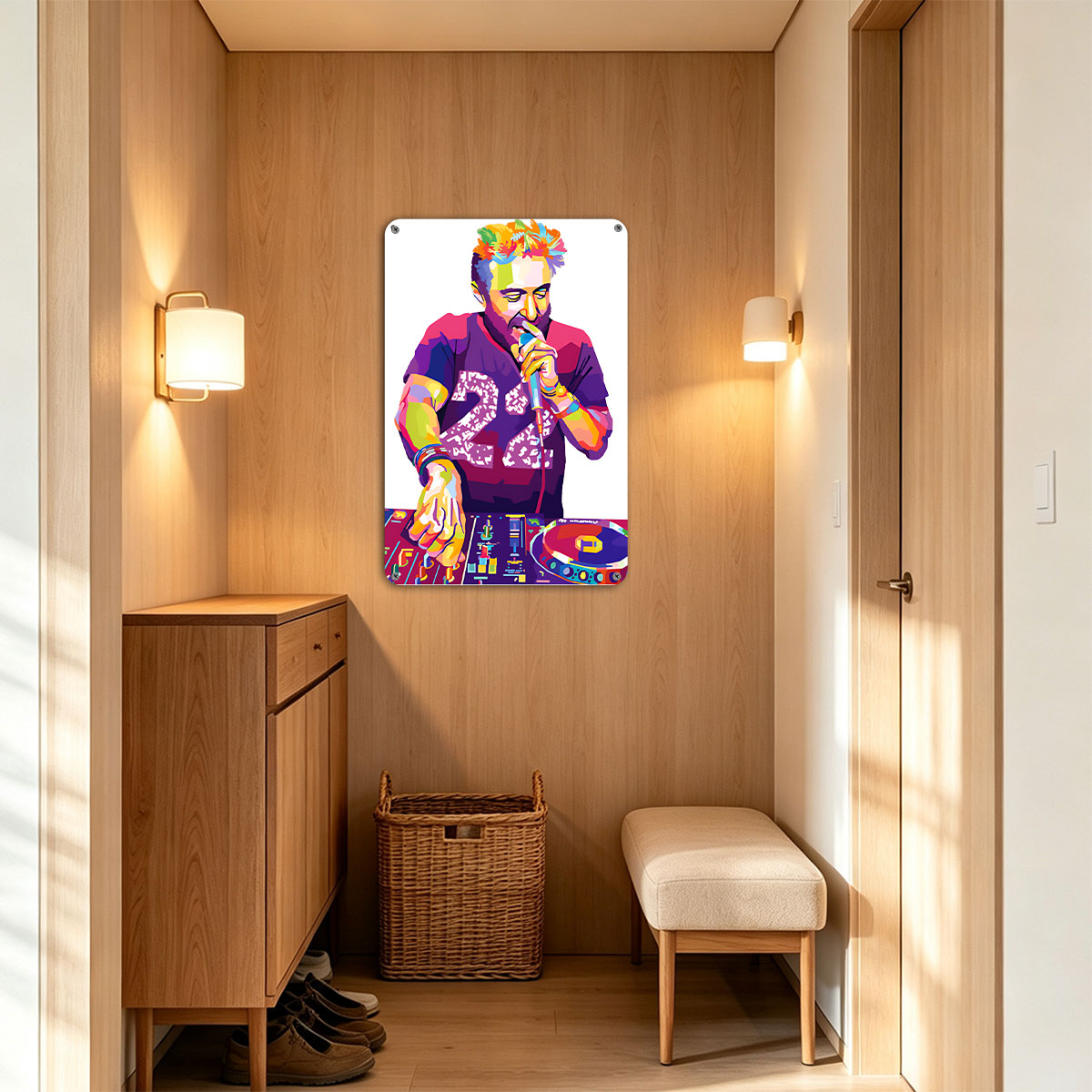 DJ with Colorful Hair and Microphone at Turntable - painting