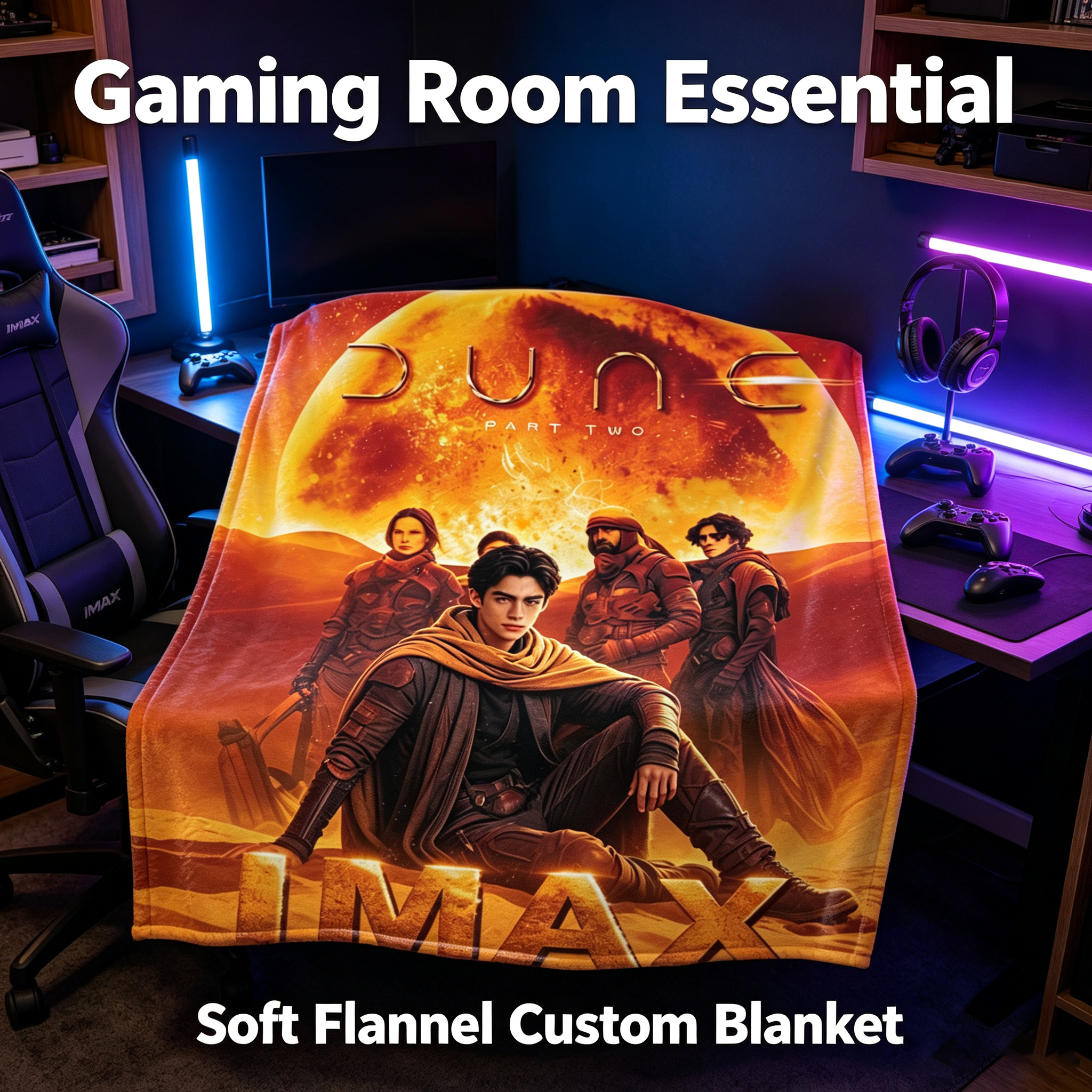 Custom Face Blanket Dune Part Two Flannel Blanket Movie Poster Design Desert Adventure Theme Cozy Bedding Gift for Fans and Collectors