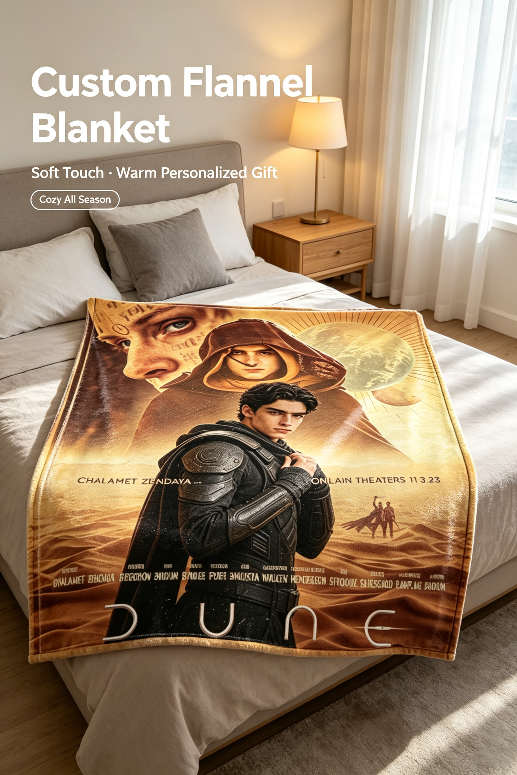 Custom Face Blanket Dune Part Two Movie Character Flannel Blanket for Fans and Collectors — Perfect Gift or Giveaway for Sci-Fi Enthusiasts