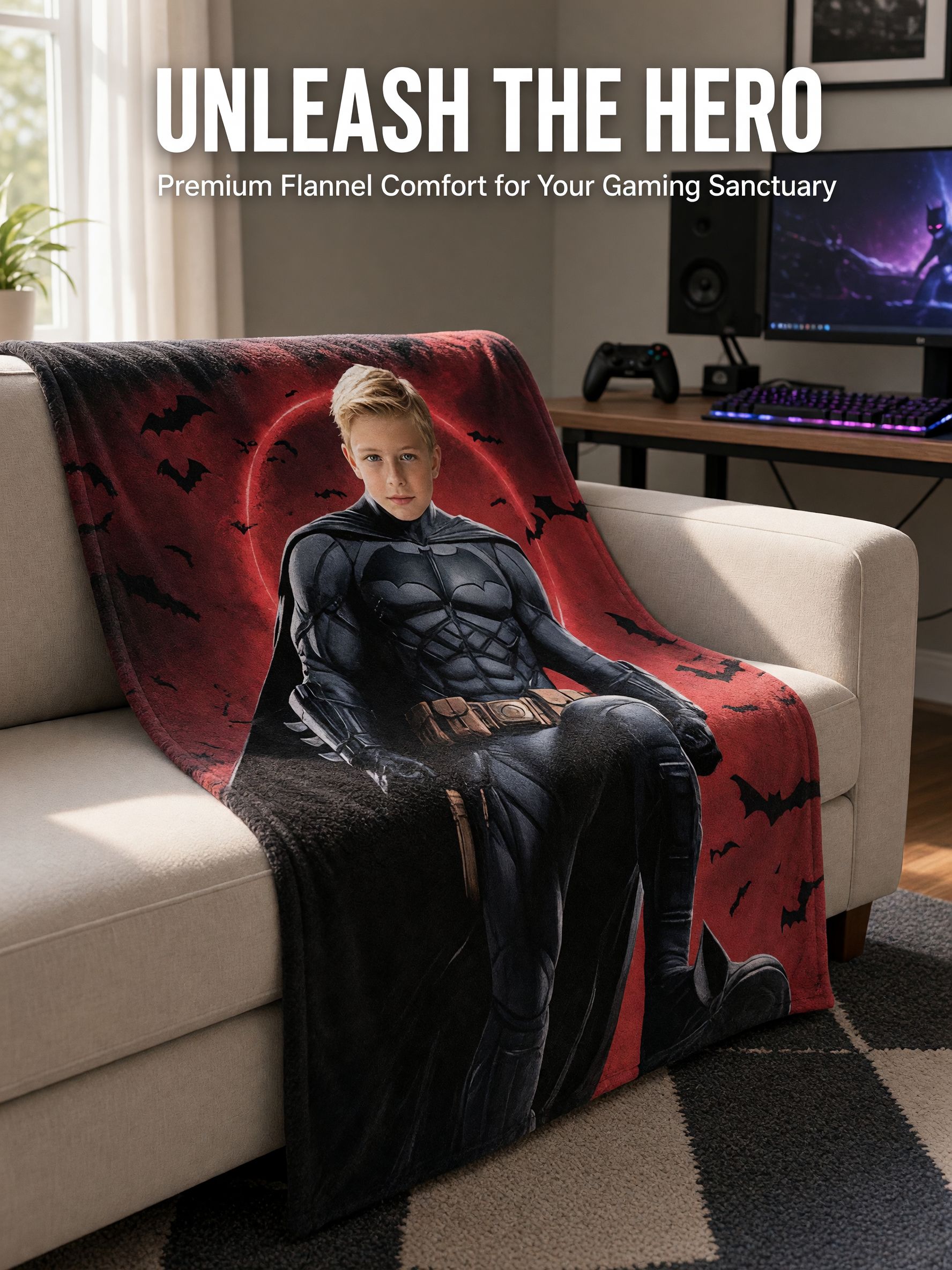 Custom Superhero Face Photo Blanket Personalized Flannel Fleece Throw Skin Friendly Cozy Warm Gift for Kids
