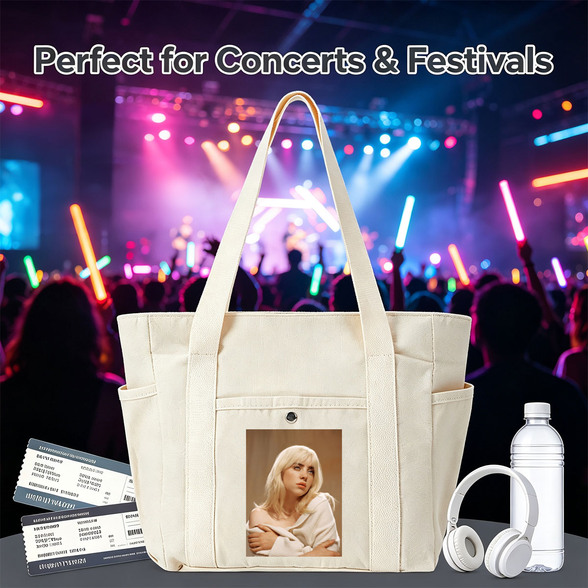 Billie Eilish in a Soft Portrait Wearing a White Off-Shoulder Sweater with Blonde Hair and Blue Eyes - Multi-pocket bags
